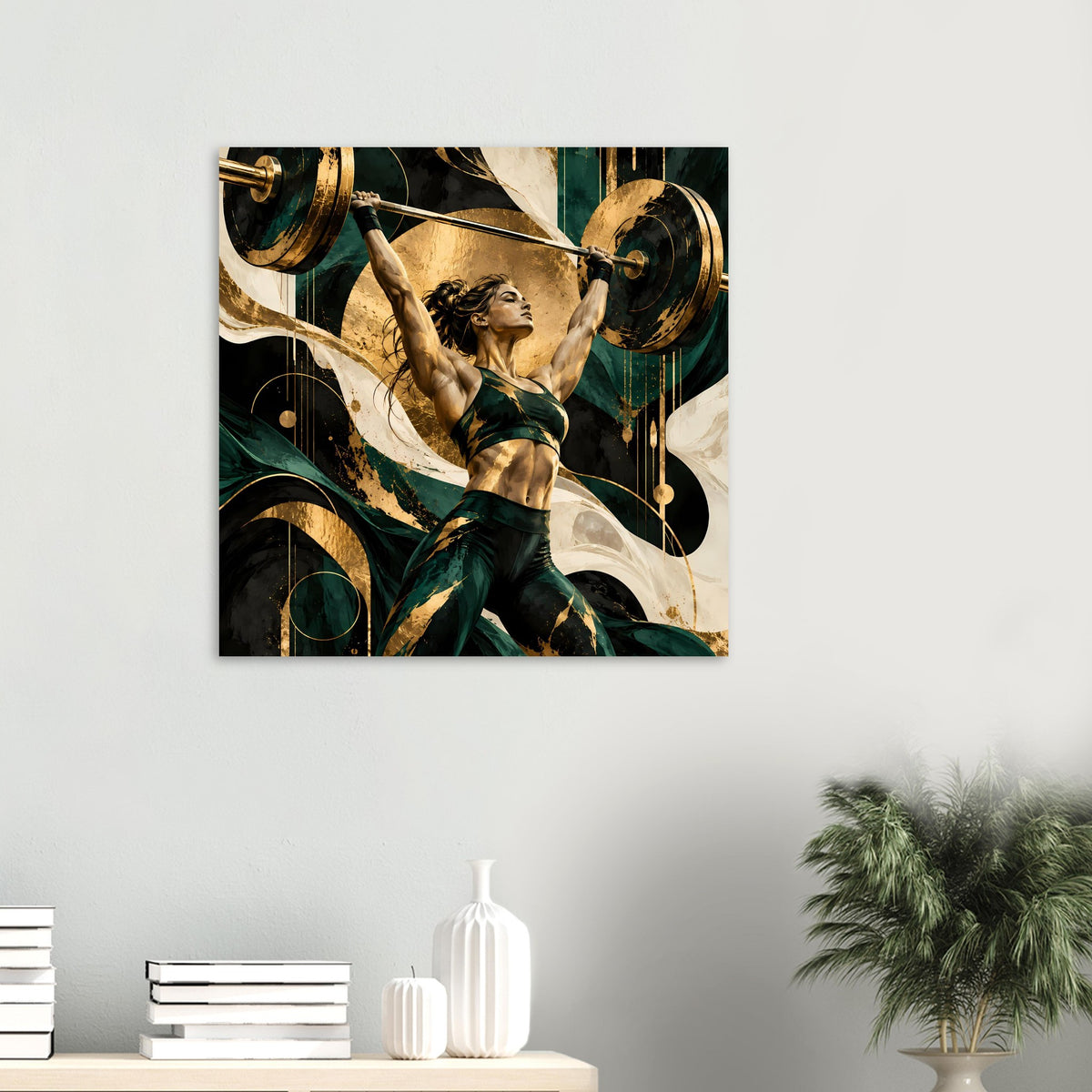 Quadratisches Kunstposter: Frau mit Langhantel, Gold- und Dunkelgrün-Akzente.