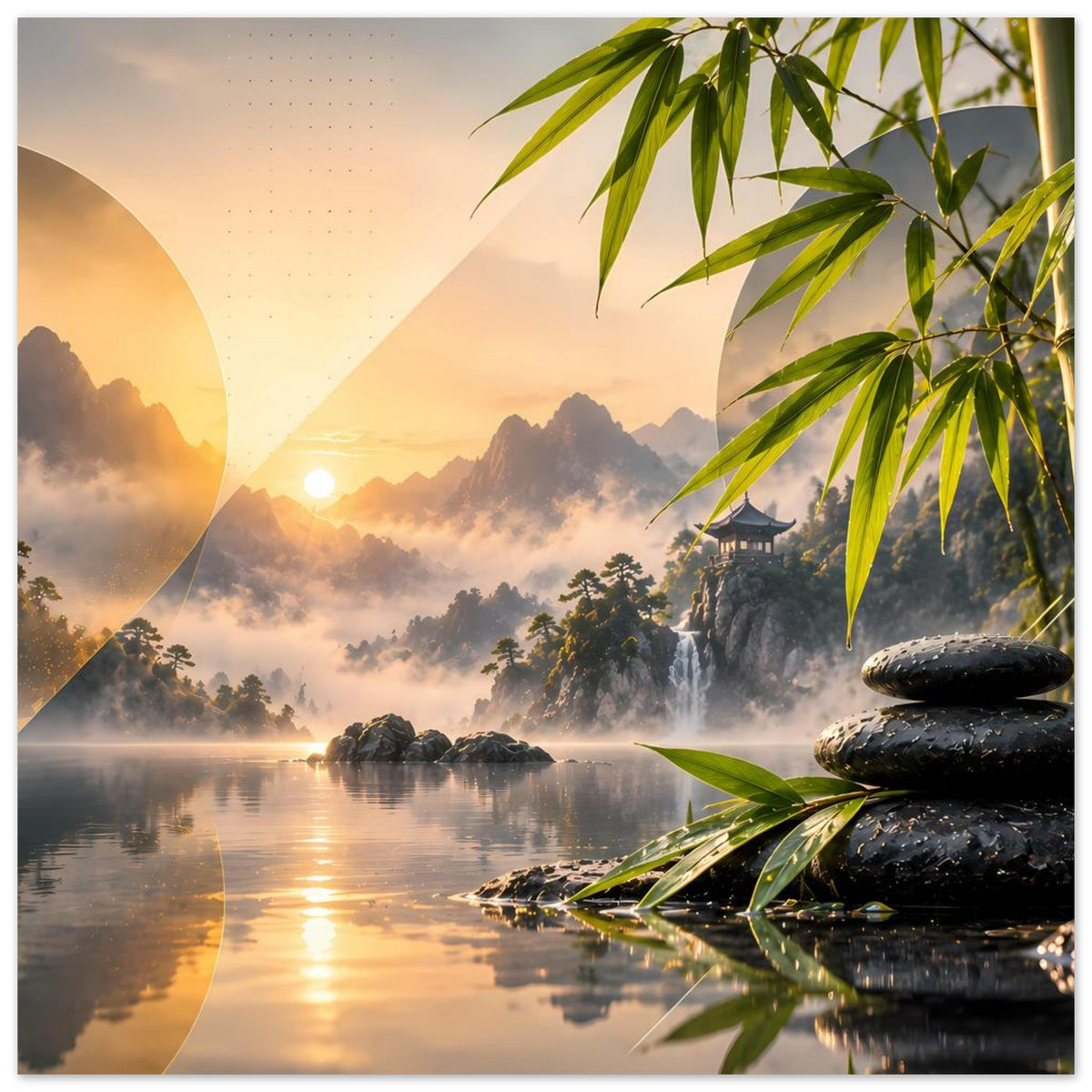 Zen-Poster im Querformat: Bergsee mit Bambusblättern, gestapelte Steine und goldenes Licht