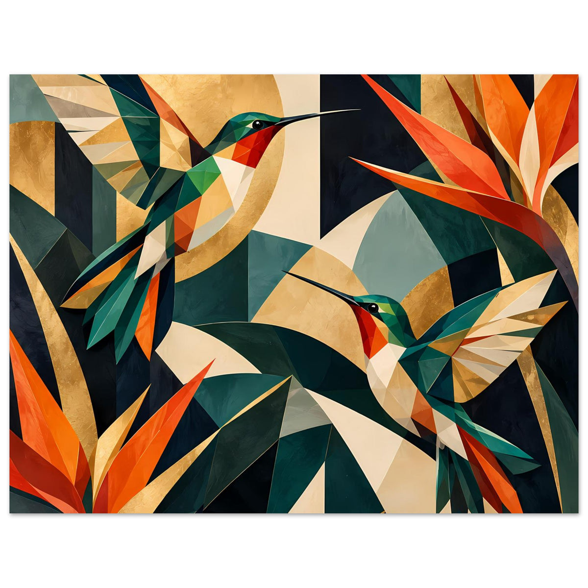Kunstposter mit geometrischen Kolibris im Querformat, geometrische Flächen und Linien