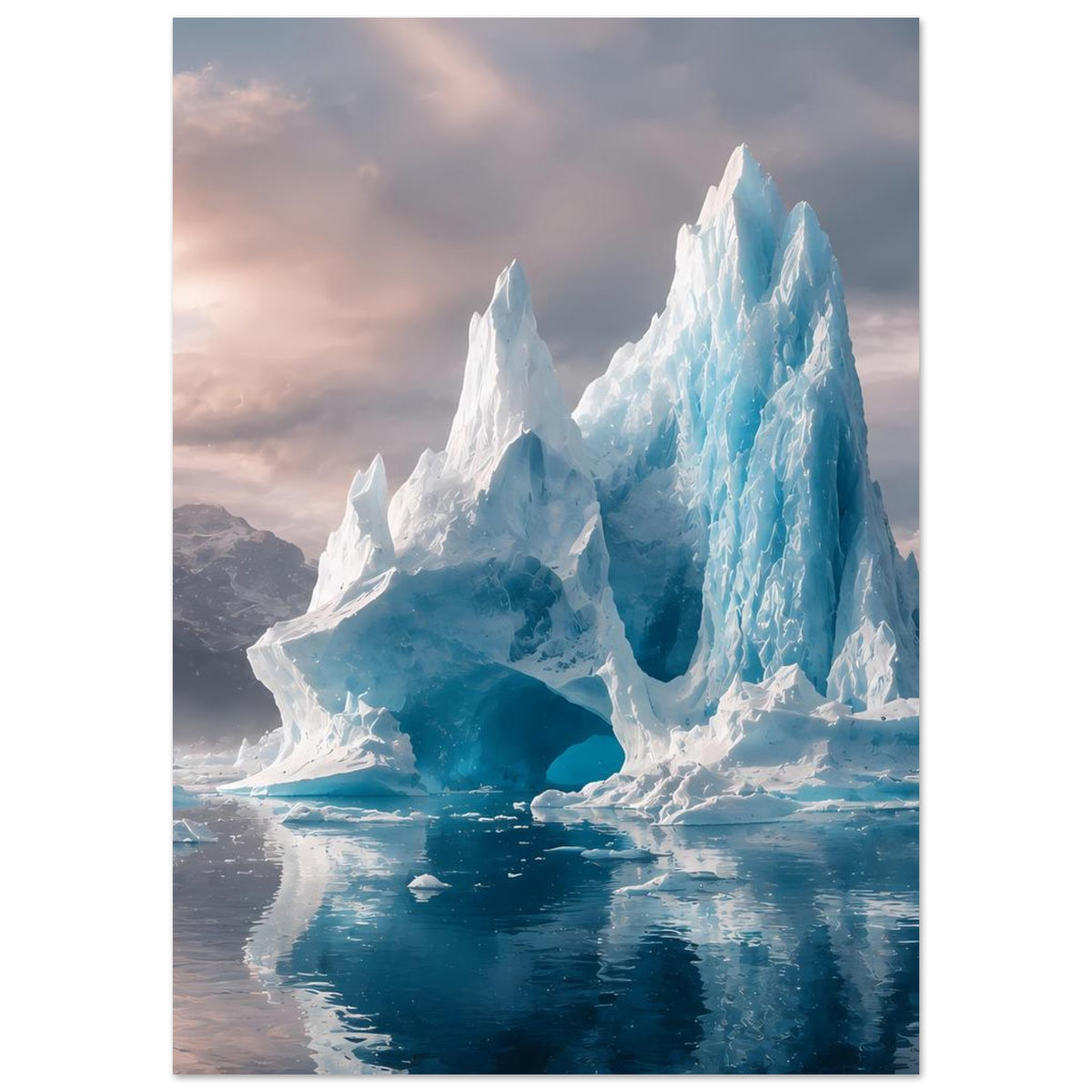 Eisberg-Poster: hohe blaue Eisformationen über ruhigem Wasser