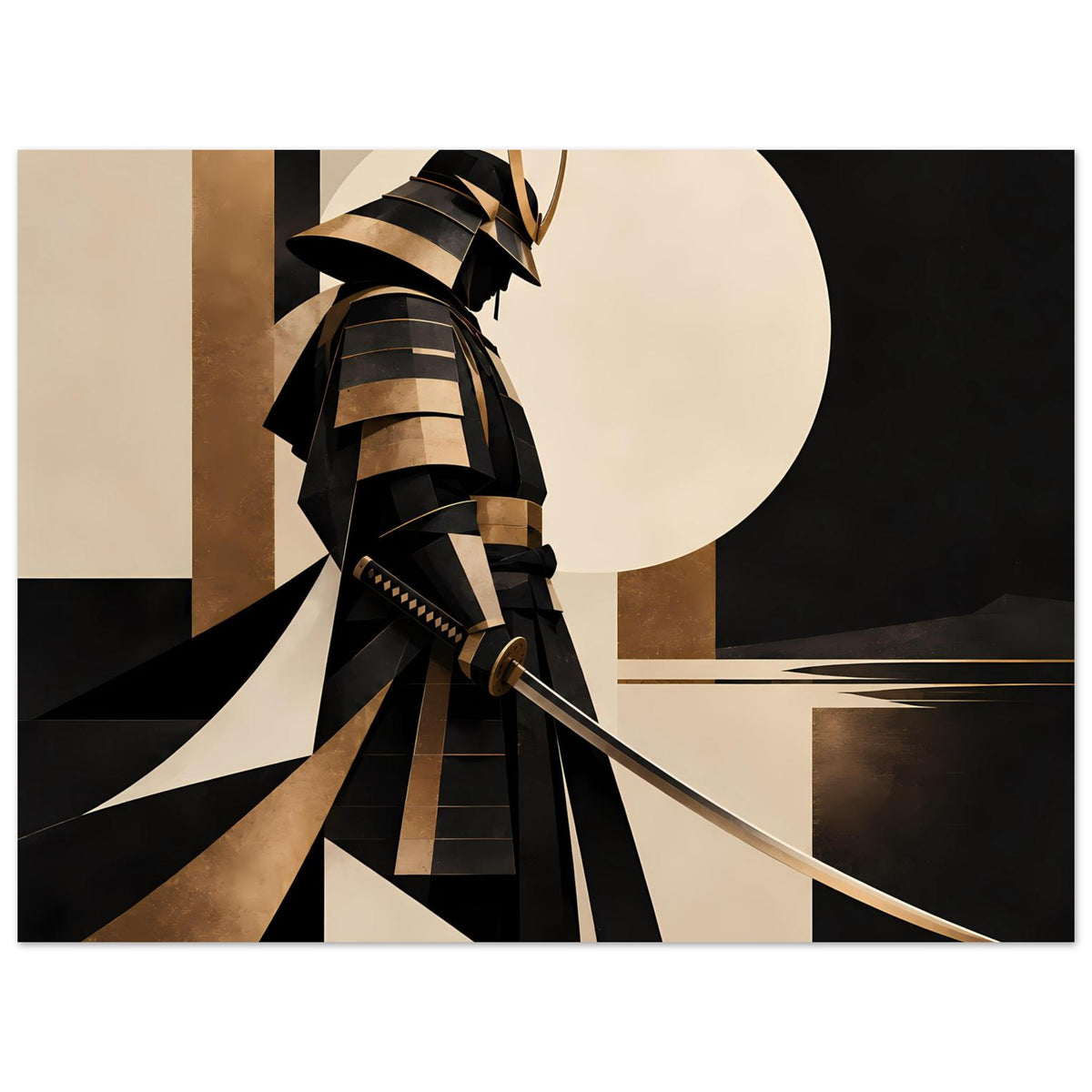 Kunstposter mit Samurai-Silhouette, goldene Streifen und geometrische Flächen in Schwarz