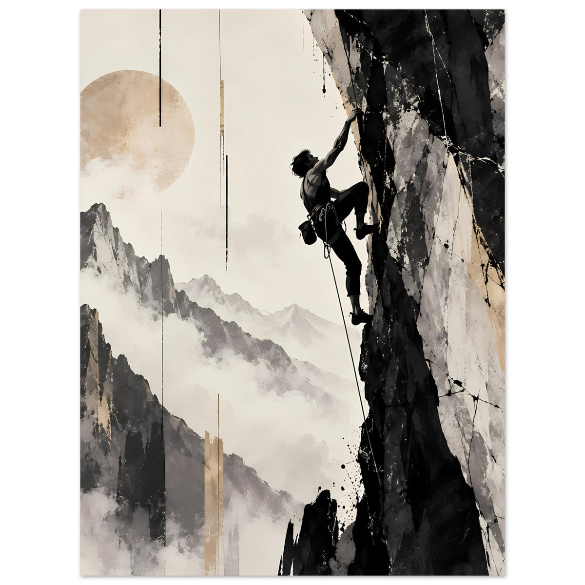 Kunstposter im Hochformat: Bergsteiger am Kletterseil, kontrastreiche Felsen, Nebelberge