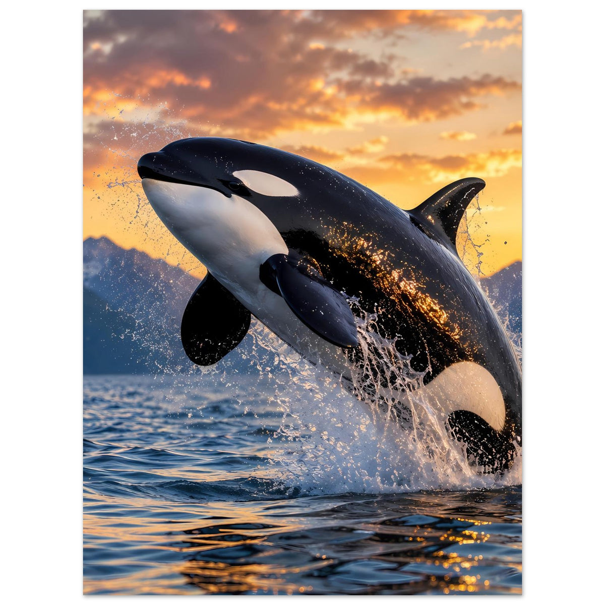 Poster mit Orca im Sprung: dunkler Rücken, weißer Bauch, Spritzwasser an der Schwanzflosse.