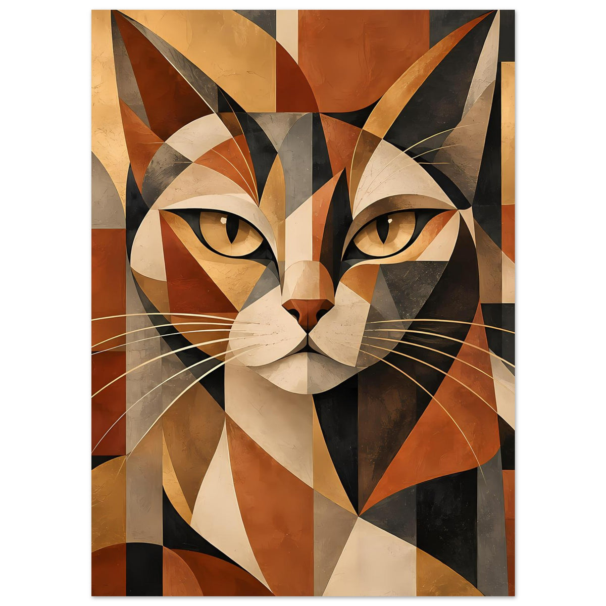 Geometrisches Katzenporträt-Poster: polygonale Katze mit Ohren, Nase und weißen Schnurrhaaren.