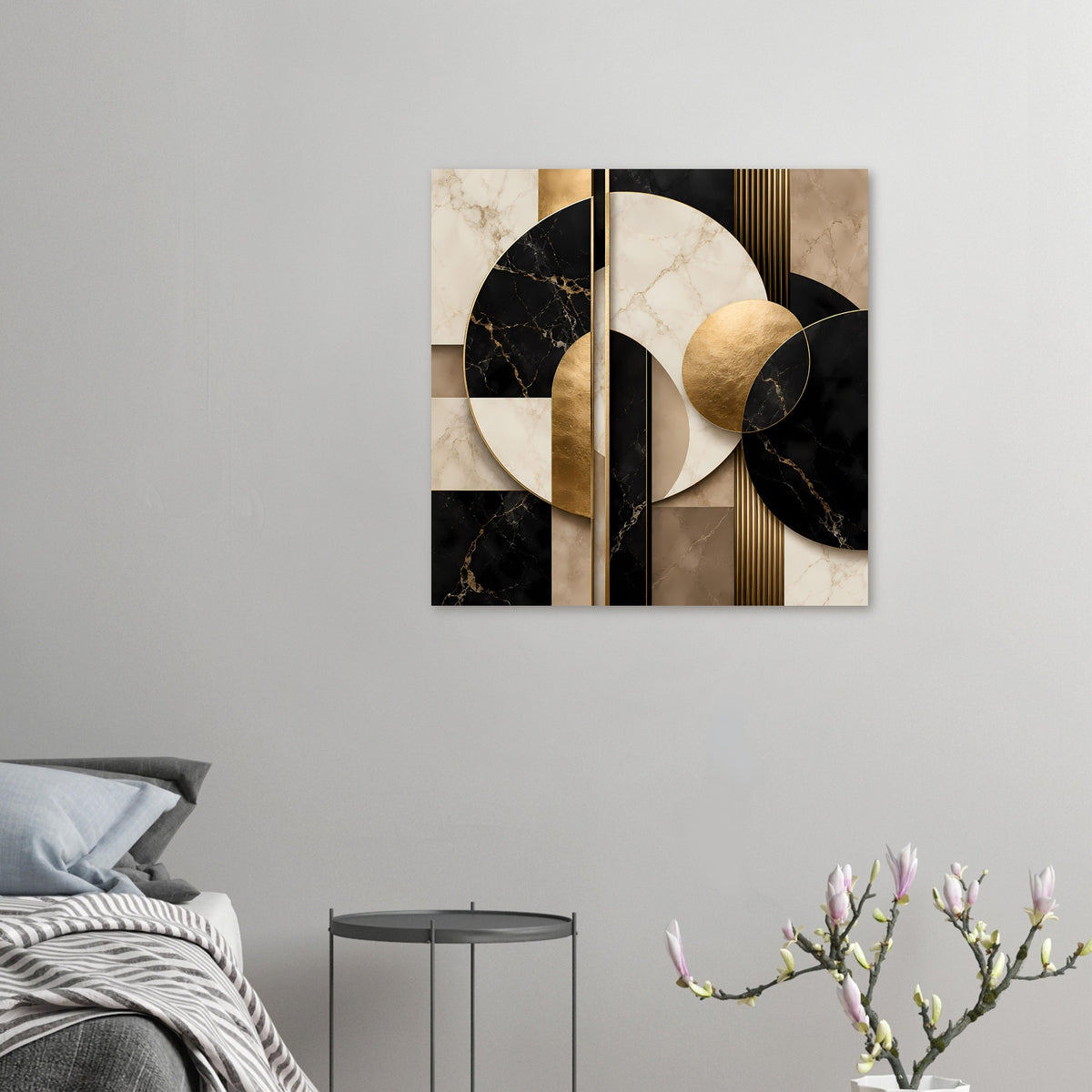 Geometrisches Marmor-Gold-Poster, kleines Wandformat: goldene Kreise, schwarze Rundflächen, Streifen