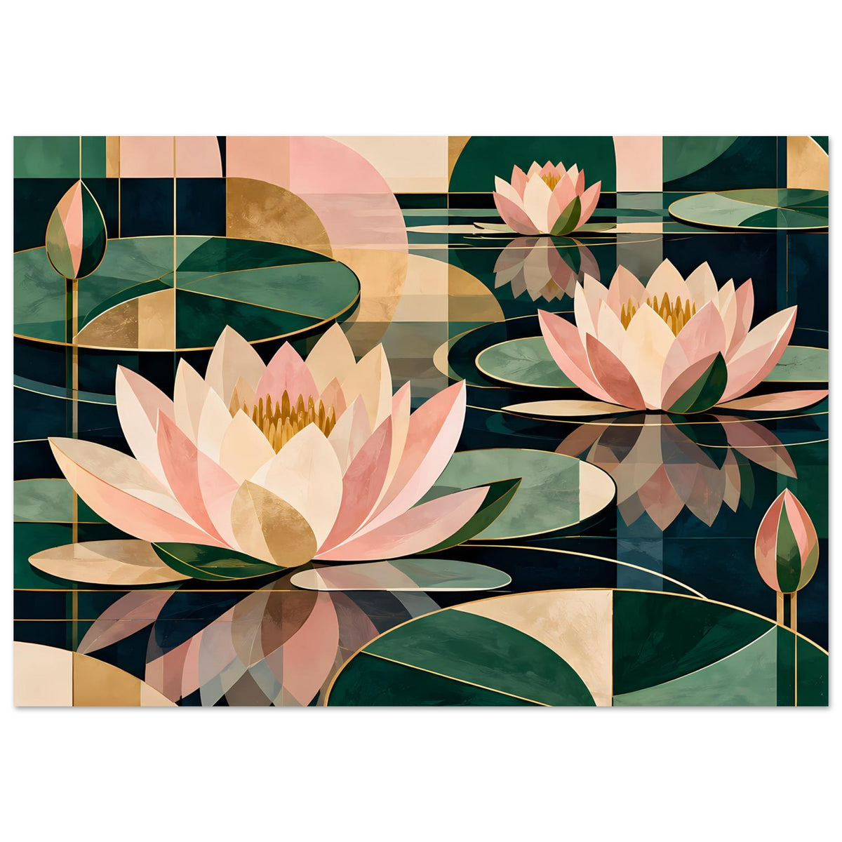 Lotus-Grafikposter mit Lotusblüten, langen grünen Blättern und rosa-grünen Farbfeldern