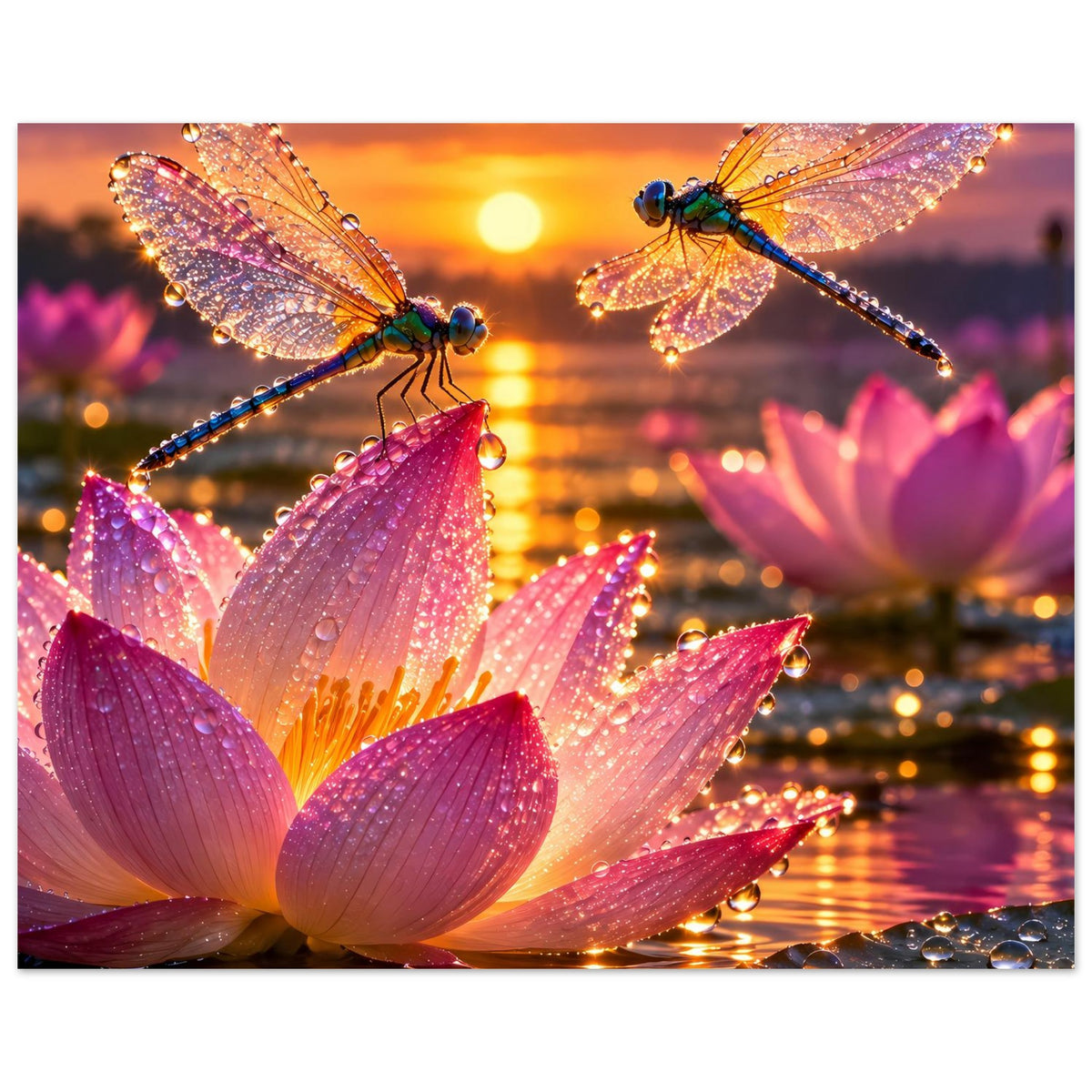 Poster mit schimmernden Libellen auf rosa Lotusblüten