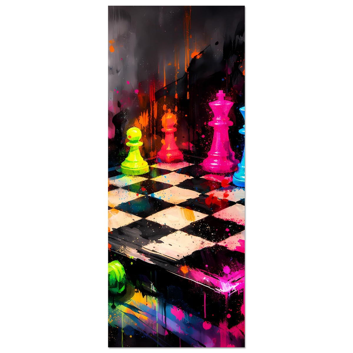 Hochformat-Poster: bunte Neon-Schachfiguren und Schachbrett mit Farbspritzern