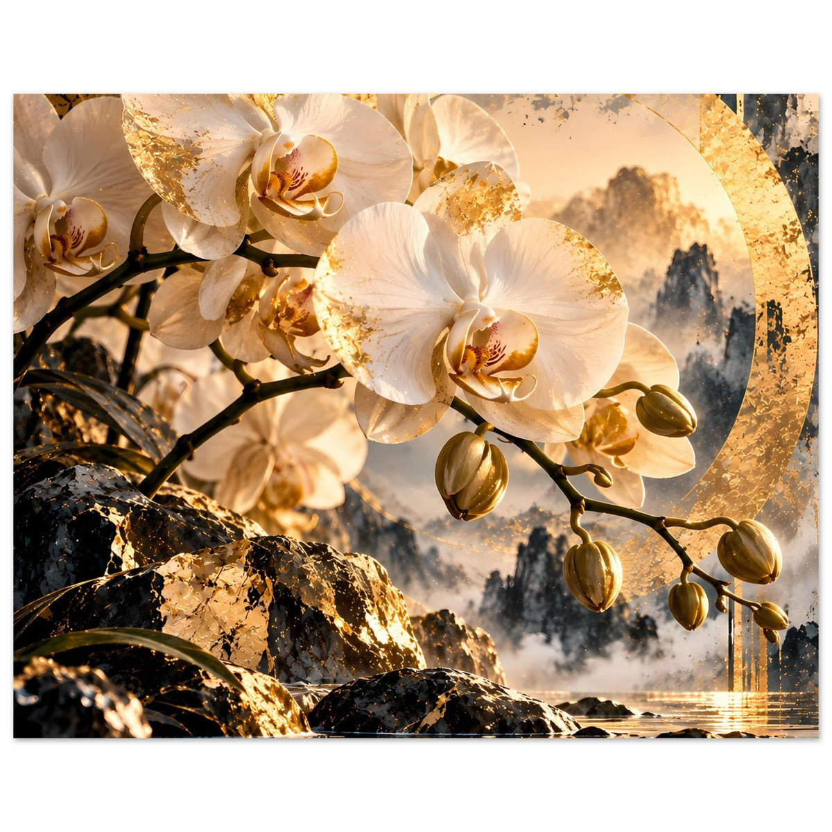 Orchideenposter: weiße Orchideen an schwarzem Ast, goldene Punkte, Fels und Wasserlinie