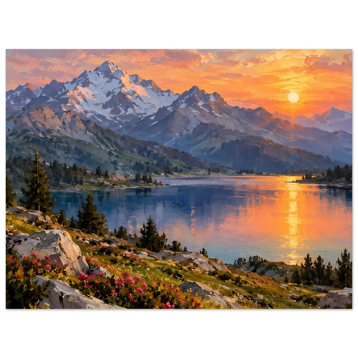 Wandposter Landschaftsmotiv: Berge und See im Sonnenuntergang, horizontal, mit Felsen und Blumen.