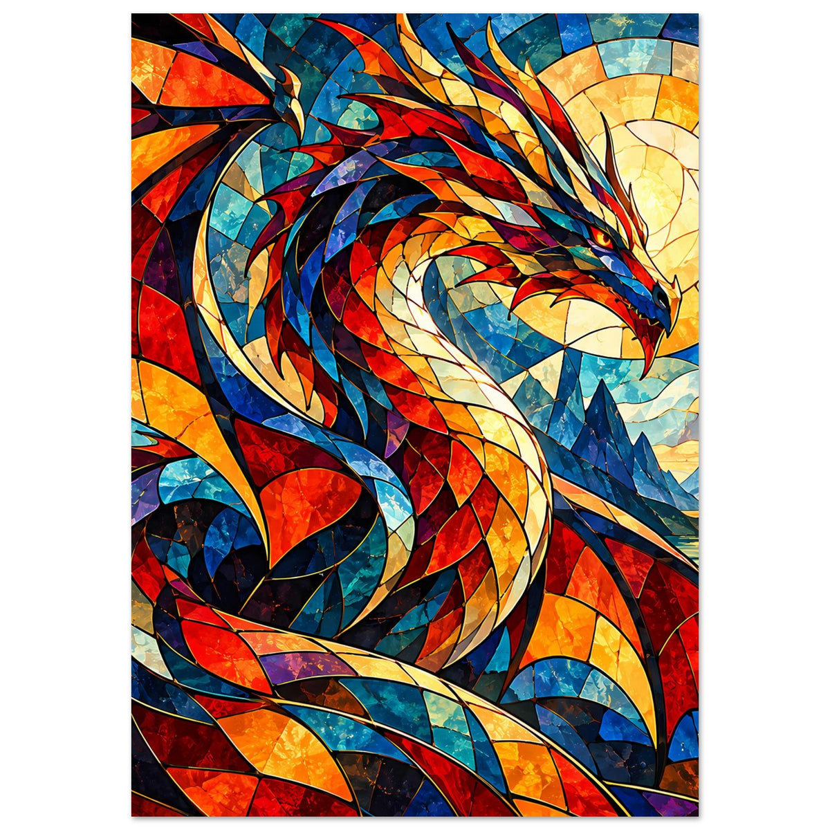 Hochformat-Poster mit Drachenmotiv im Glasmalerei-Stil, farbiges Mosaik aus Rot und Türkis