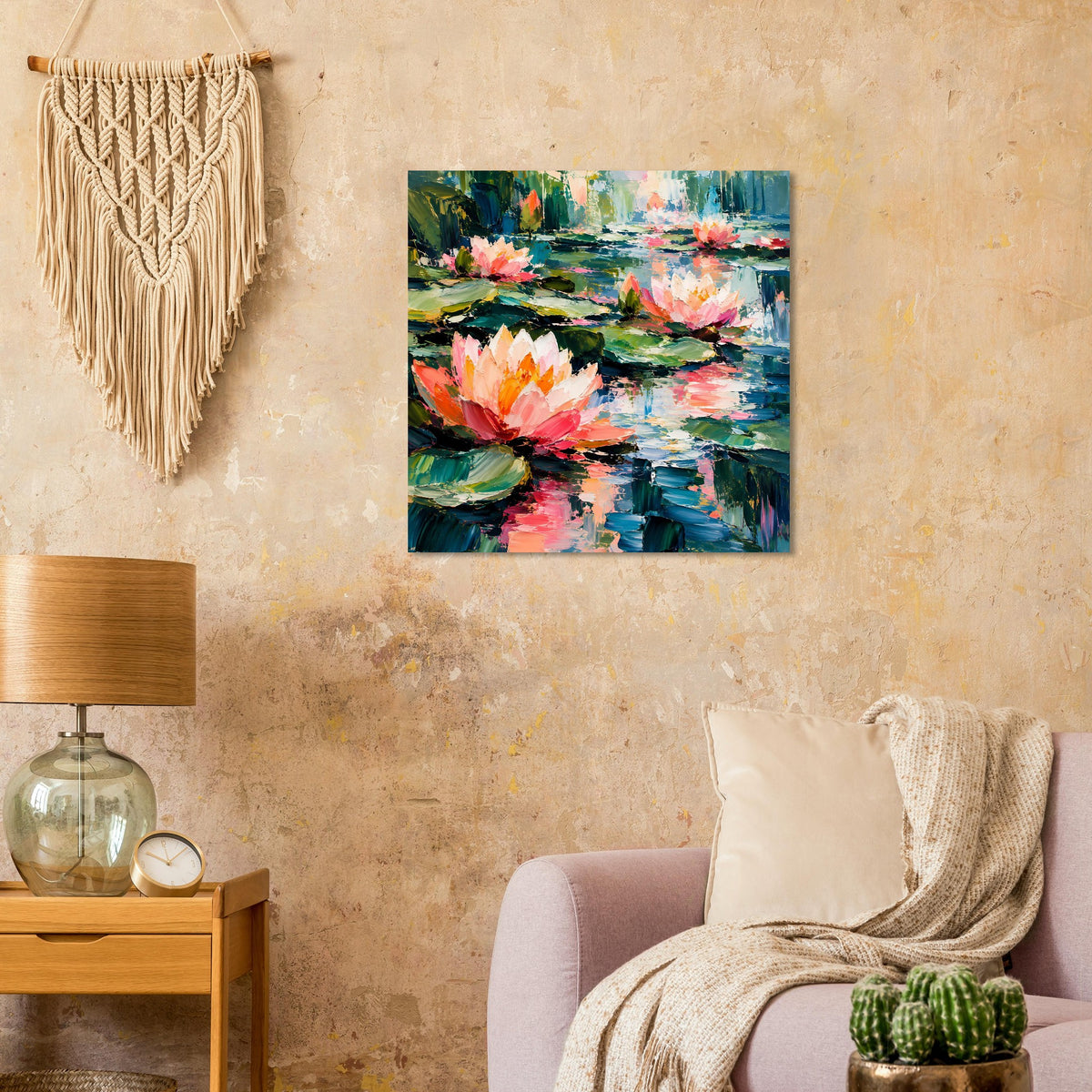 Quadratisches Poster mit impressionistischen Seerosen in Rosa-, Grün- und Blautönen