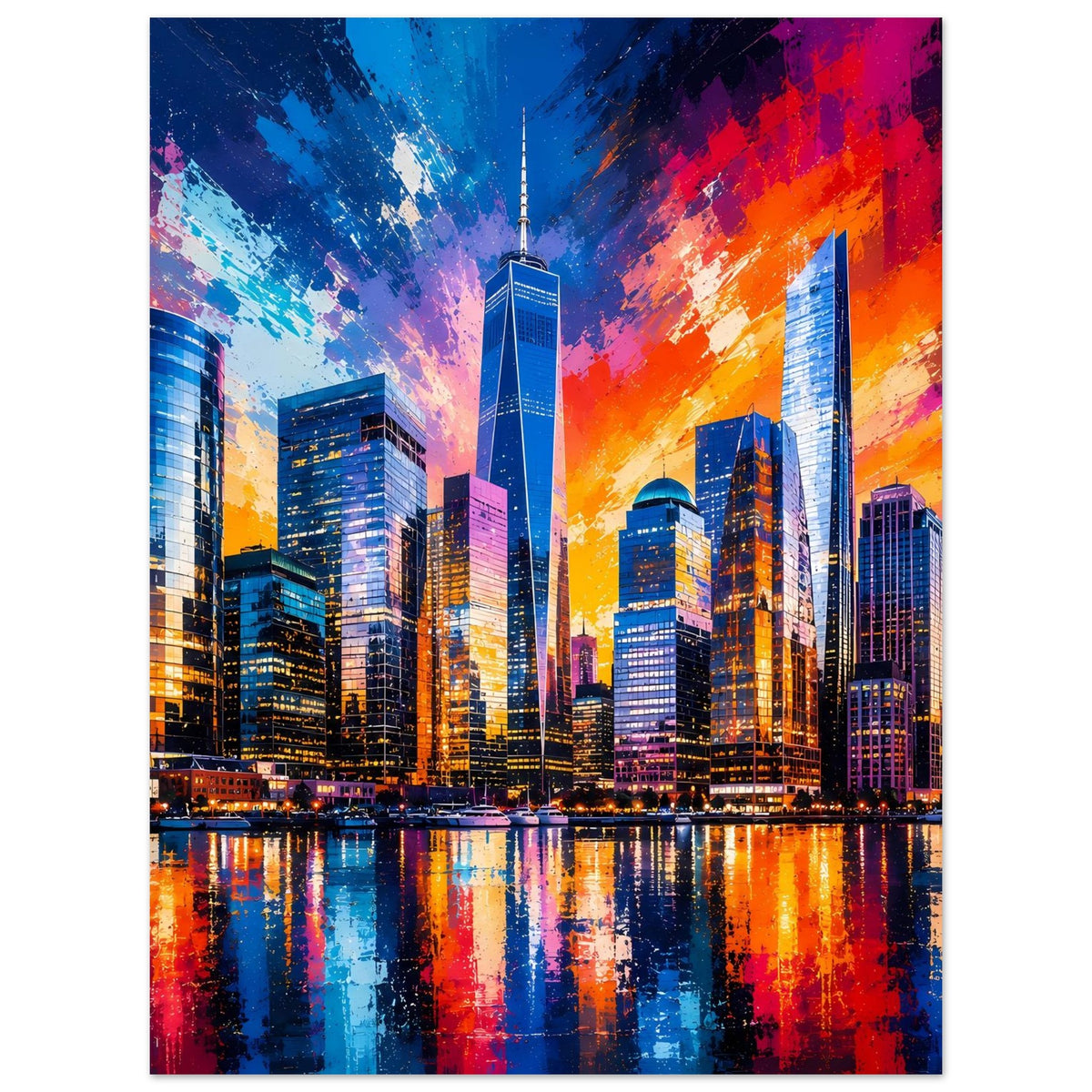 Vertikales Stadtposter mit leuchtender Skyline, dynamische Pinselstriche in Blau und Orange