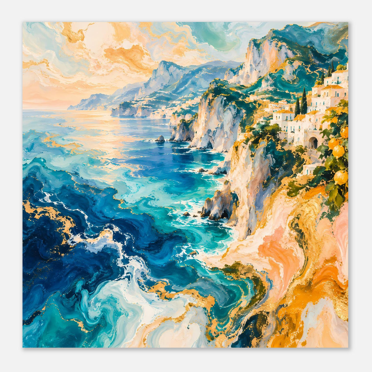 Küstenposter mit Meer, weißen Klippen und türkisfarbenen Strömungen, orange-goldener Himmel im Hintergrund
