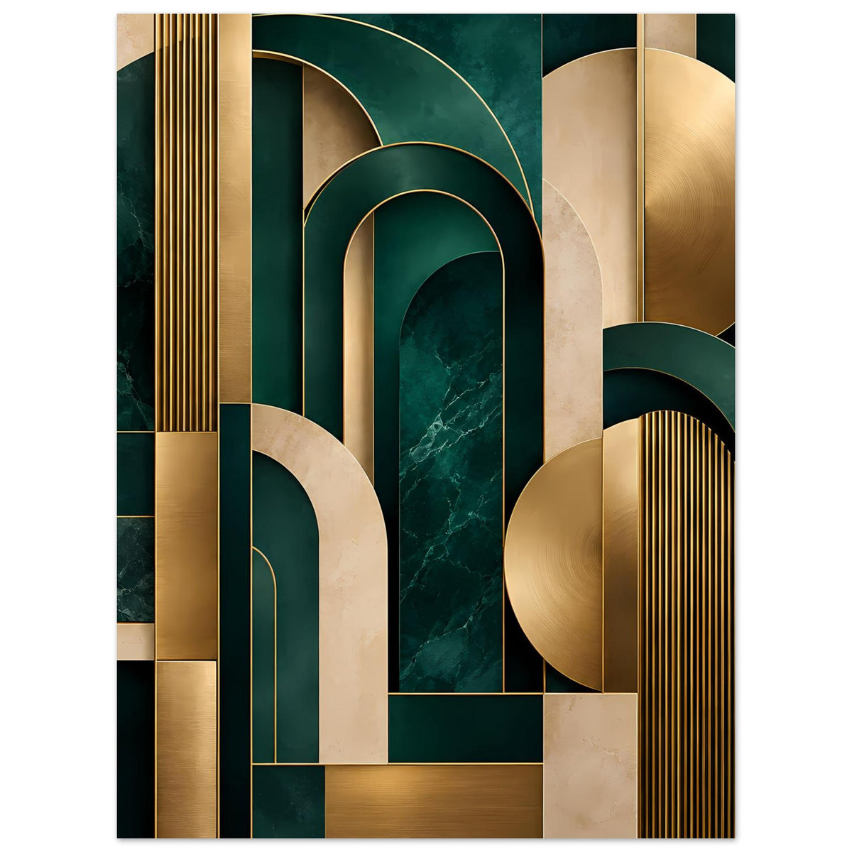 Art-Deco-Poster mit geometrischen Rundungen, goldenen Streifen und dunkelgrünen Balken