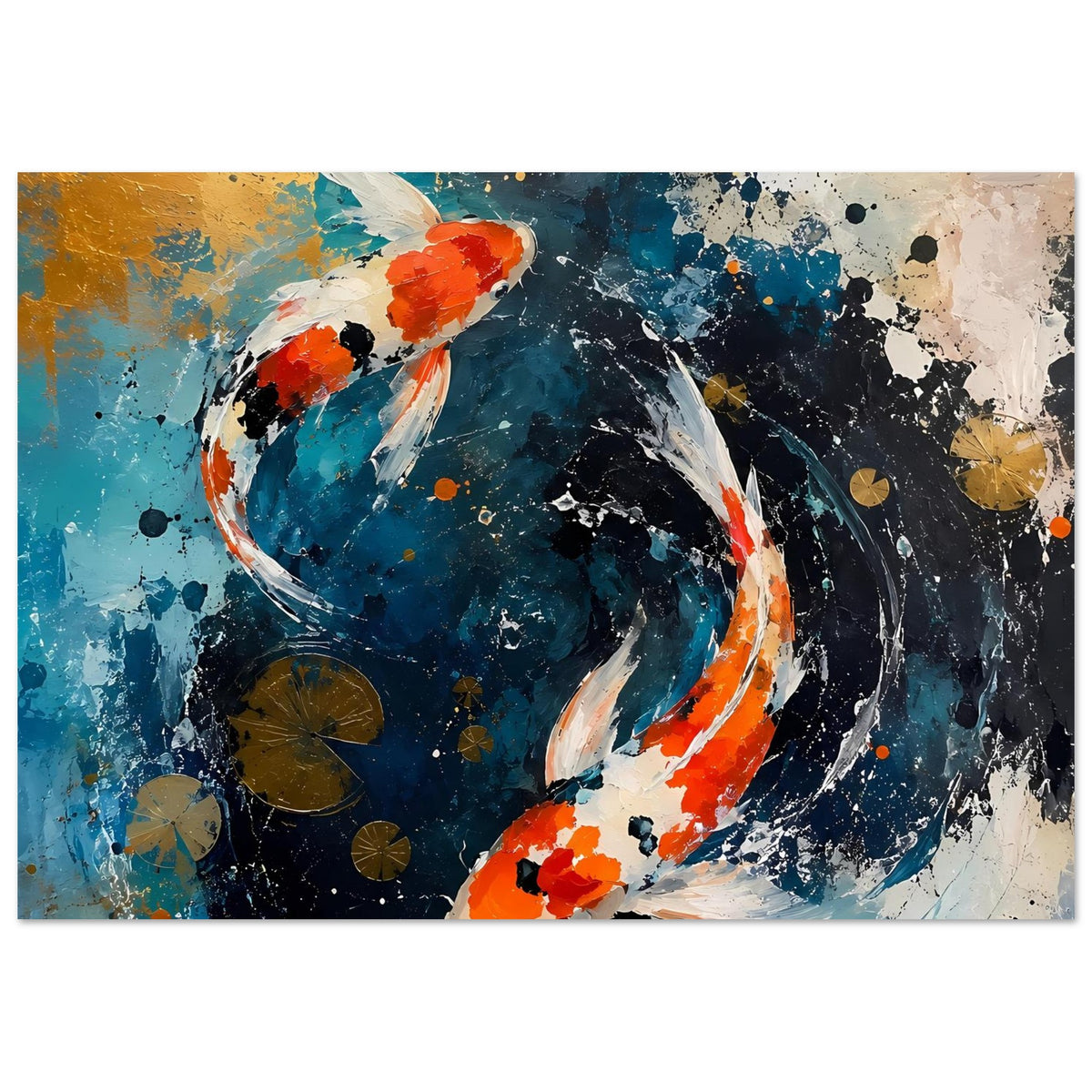Koi-Poster mit orange-weißen Fischen, schwarzer Bewegungslinie und Sprühpunkten