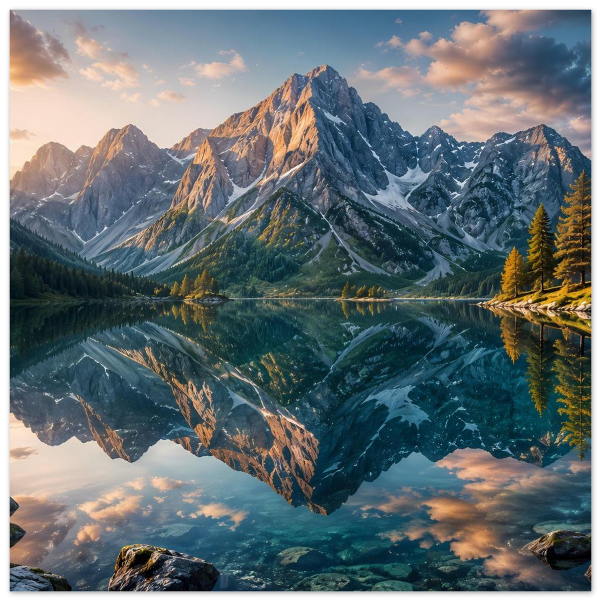 Landschafts-Poster mit Alpenbergen, spiegelndem See und Tannenwald, horizontal
