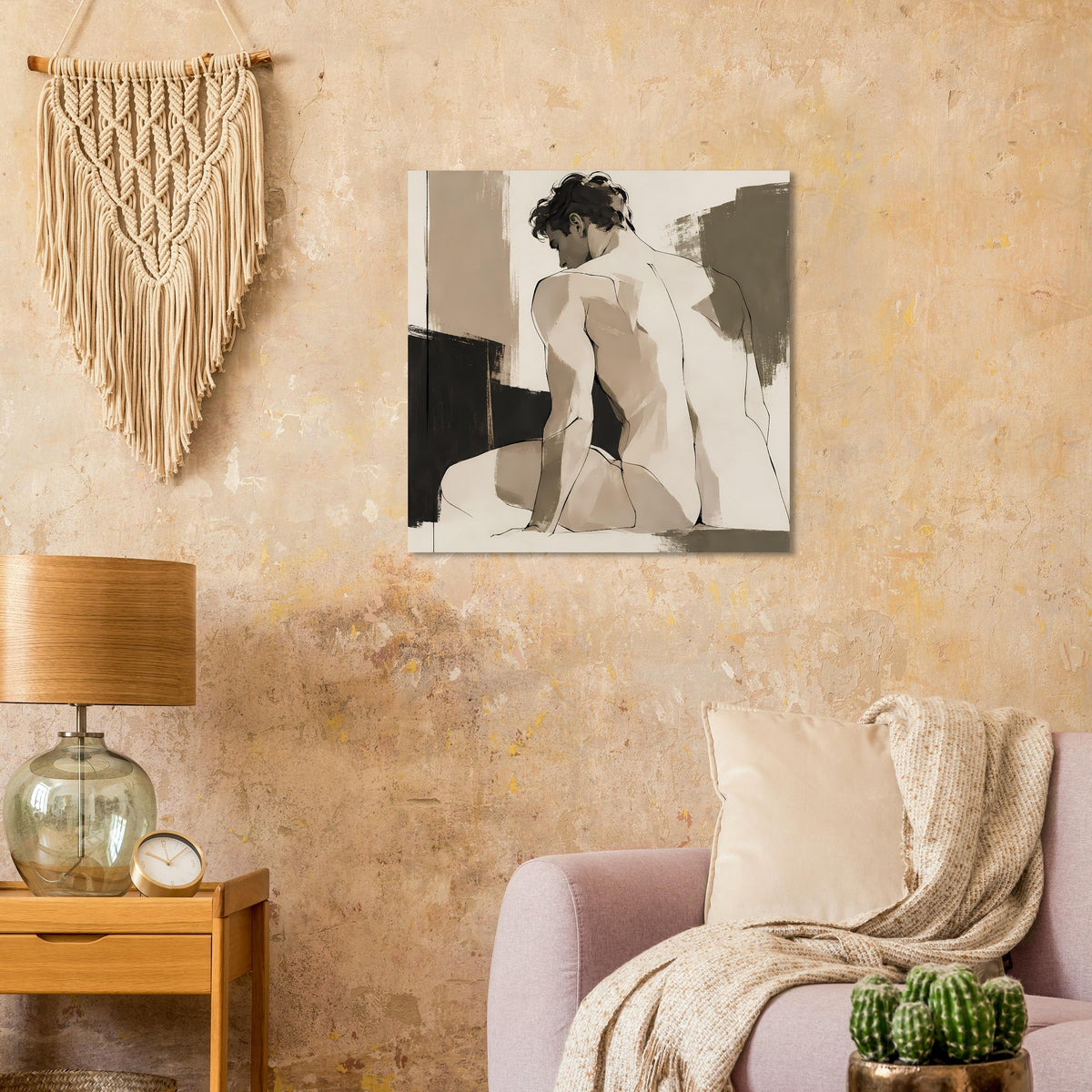 Gerahmter Kunstdruck mit Aktfigur in Sepia, mit weißen und dunklen Kontrasten