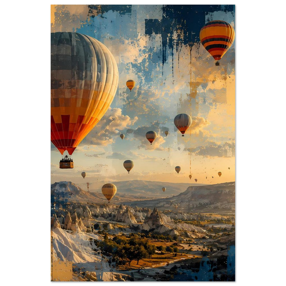 Heißluftballon-Landschaftsposter mit großem Ballon links und kleinen Ballons in der warmen Himmelsszene