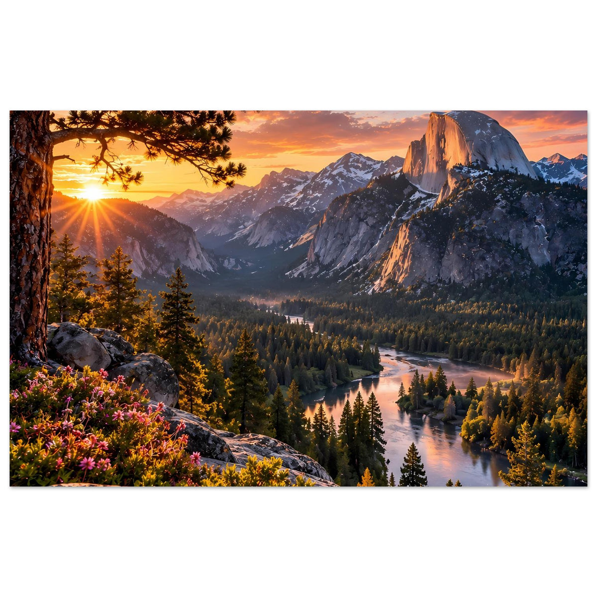 Poster im Querformat mit Sonnenaufgang über Bergtal, Fluss und Tannenwald