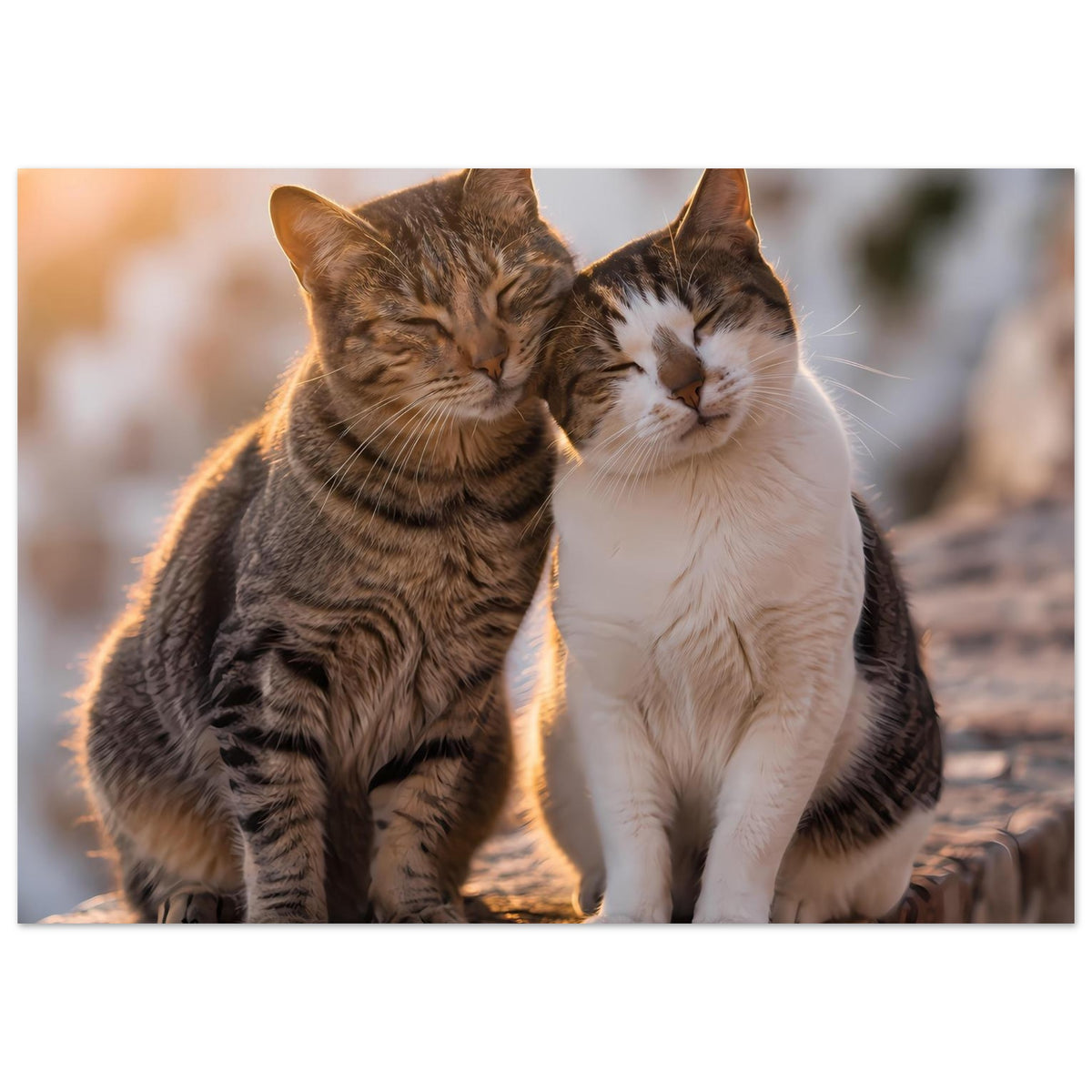Katzenposter: zwei Katzen umarmen sich, braun getigert und weiß, auf rauer Steinmauer