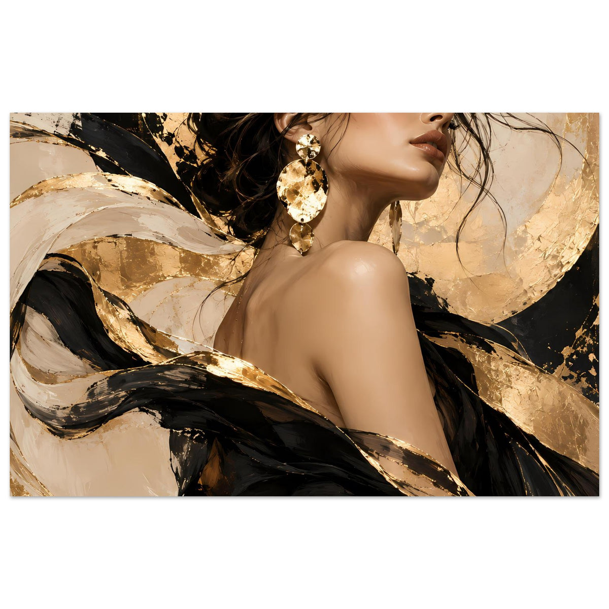 Portraitposter mit Frau im Glamour-Look, schwarze & goldene Pinselstriche, goldene Ohrringe