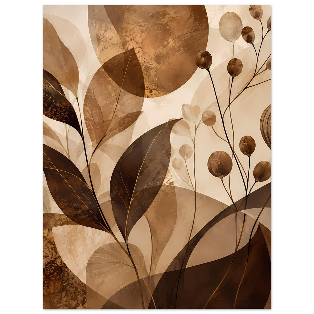 Blumenposter mit Blättern und kugeligen Samenkapseln, warme Beige- und Brauntöne