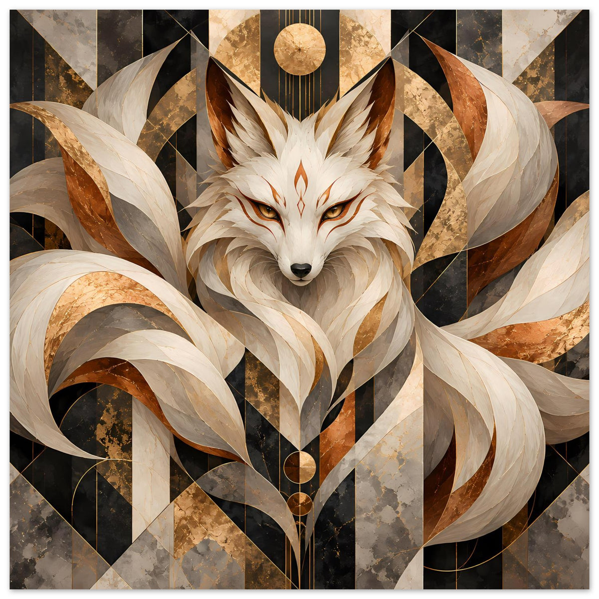 Poster mit Fuchsauge und auslaufenden Ornamenten in Beige, Braun, Gold und Schwarz