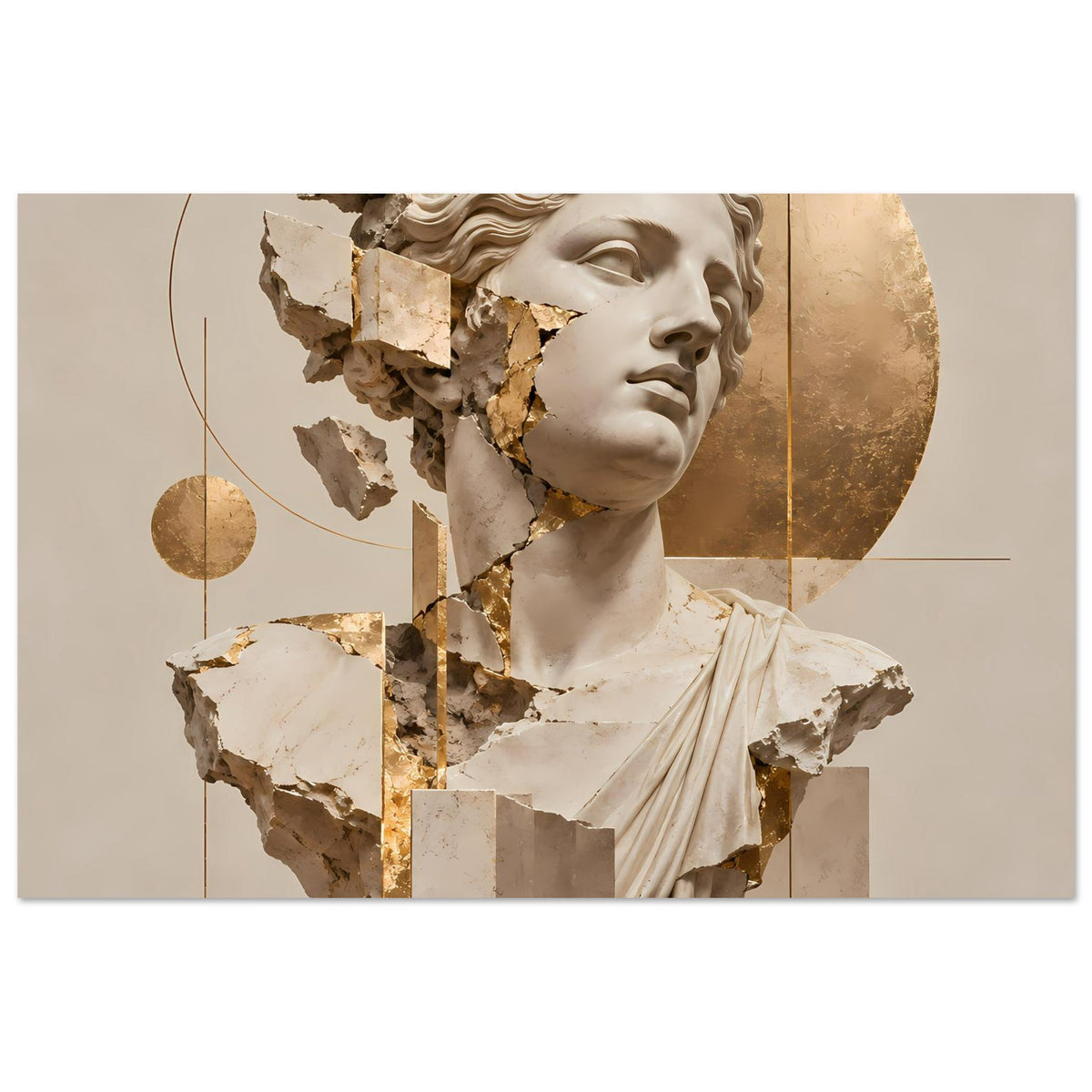 Kunstposter mit Marmorbüste in Fragmentoptik und goldenen Akzenten (horizontal)