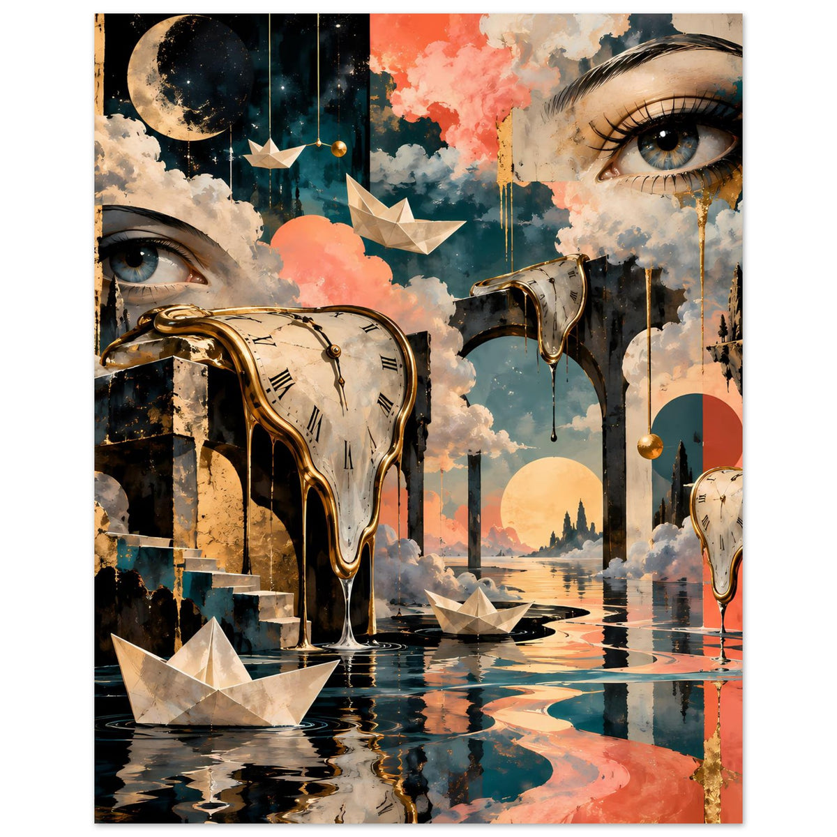 Surreales Poster im Vertikalformat mit großen Augen, schmelzender Uhr und Wolkenhimmel