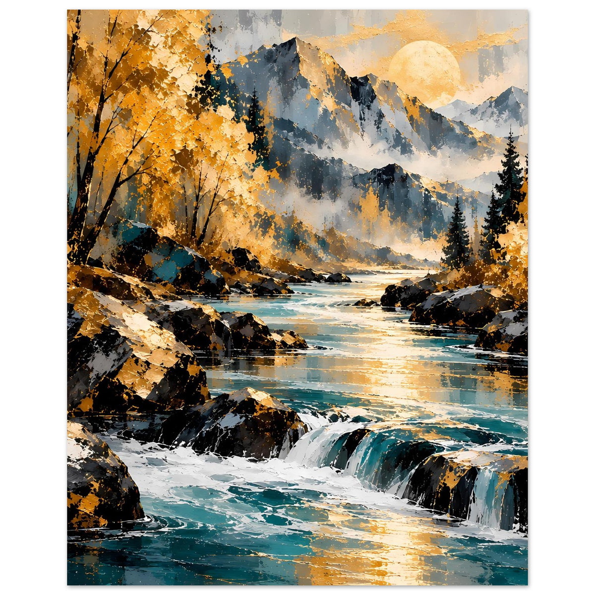 Herbstlandschaft-Poster: Flusslauf mit Wasserfall, gold-weiße Lichtreflexe und Berge