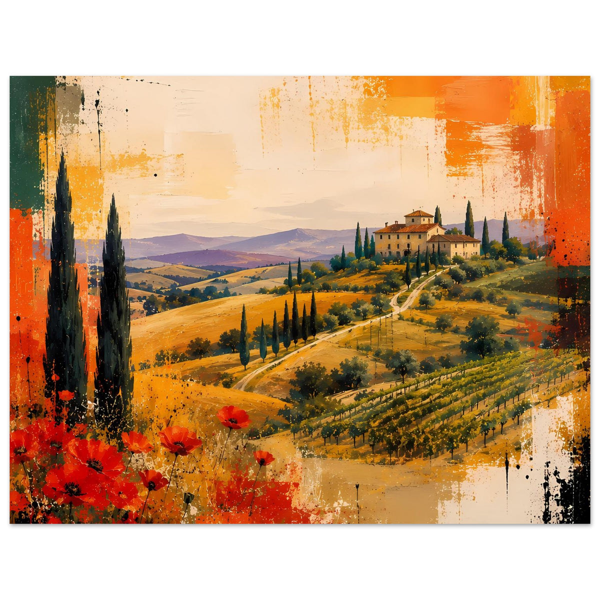 Abstraktes Panorama-Poster: mediterrane Landschaft mit Villa, Zypressen, roten Blüten und Farbflecken