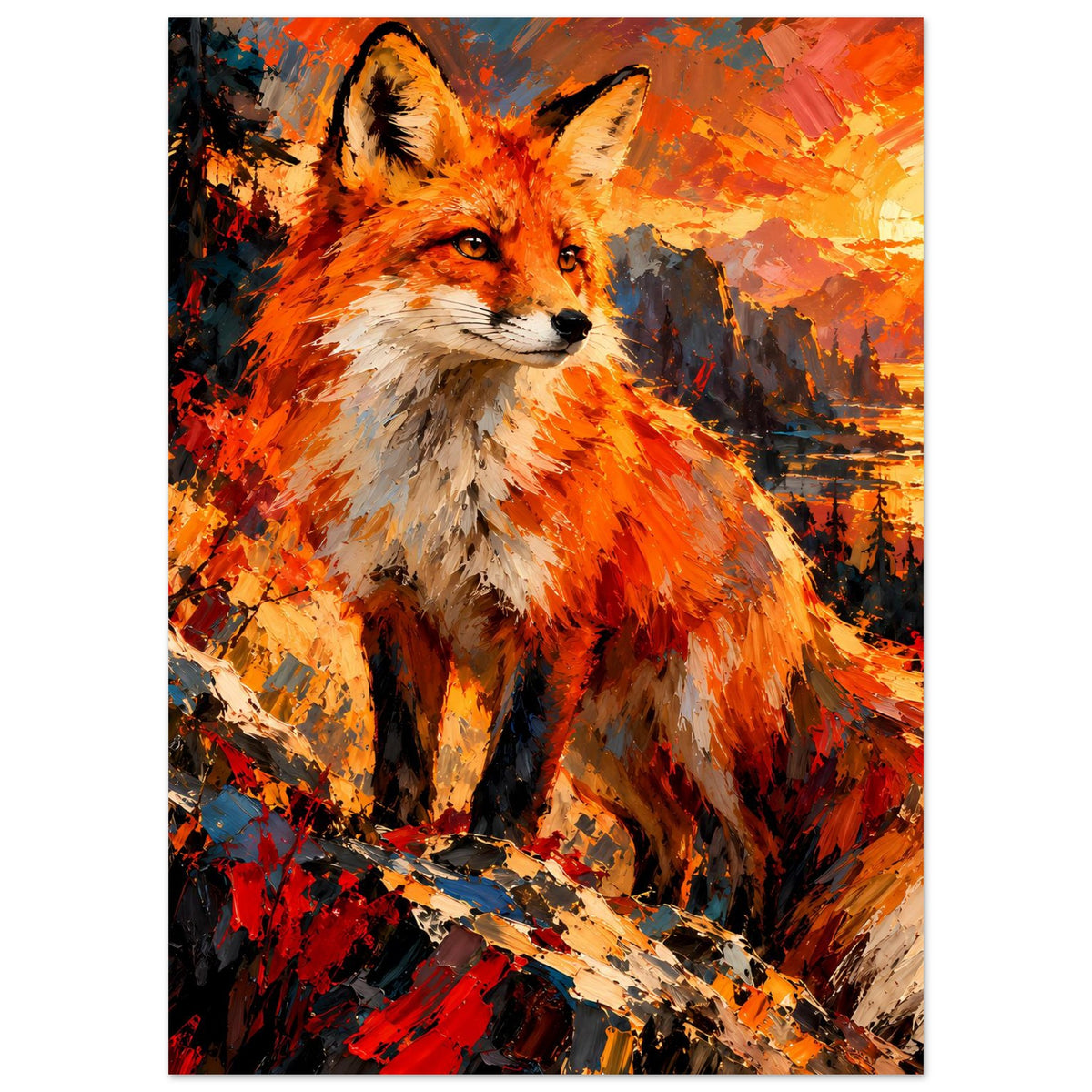 Fuchs-Porträtposter, Ganzfigur-artige Darstellung mit orangebraunem Fell und düsterem Hintergrund