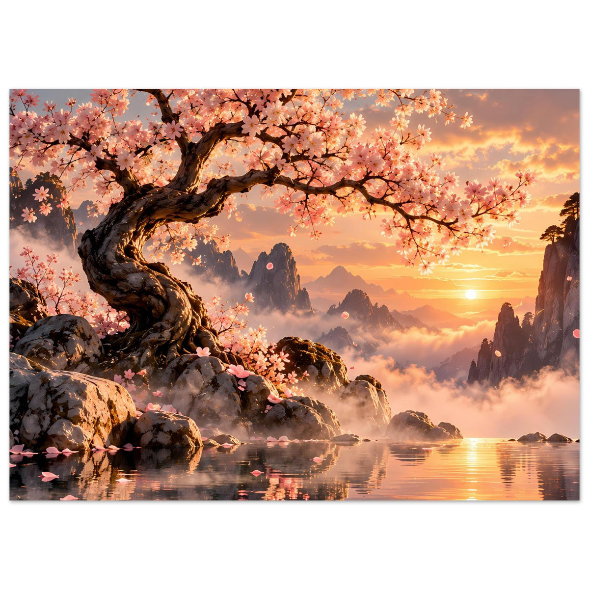 Horizontales Poster mit Kirschblüten am Ufer, Felsenlandschaft und warmem Licht am Horizont
