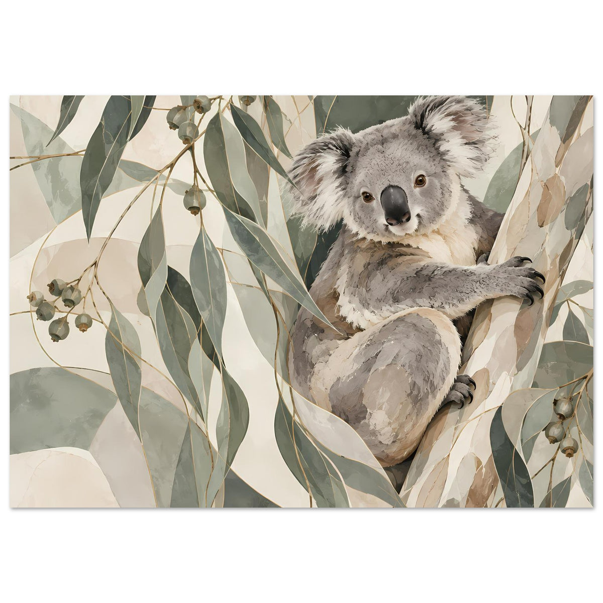 Koala-Porträtposter Querformat mit sitzendem Koala und grünen Eukalyptusblättern.