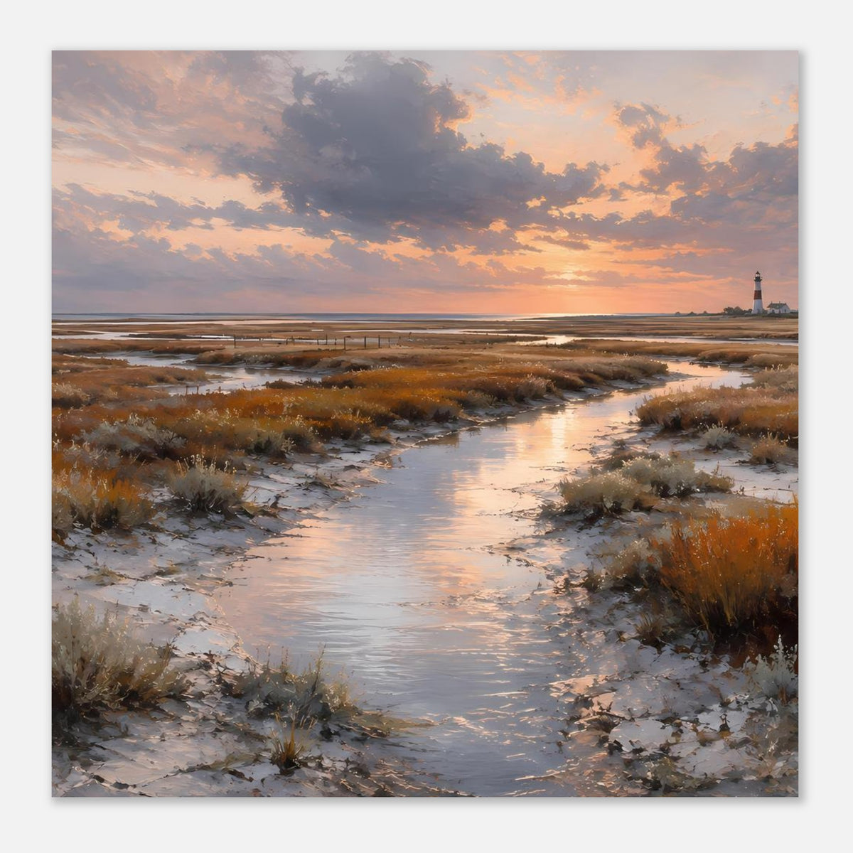 Poster mit Sonnenuntergang über Dünen und Wasserlauf, Leuchtturm in der Ferne