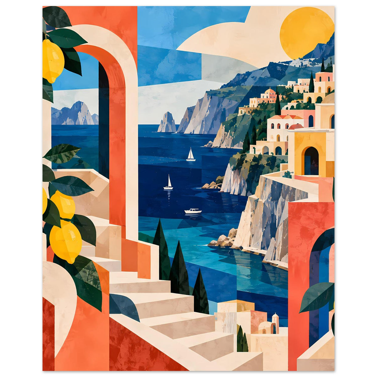 Mediterranes Küstenposter (vertikal) mit gelben Zitronen, Treppe, Häusern und Meer