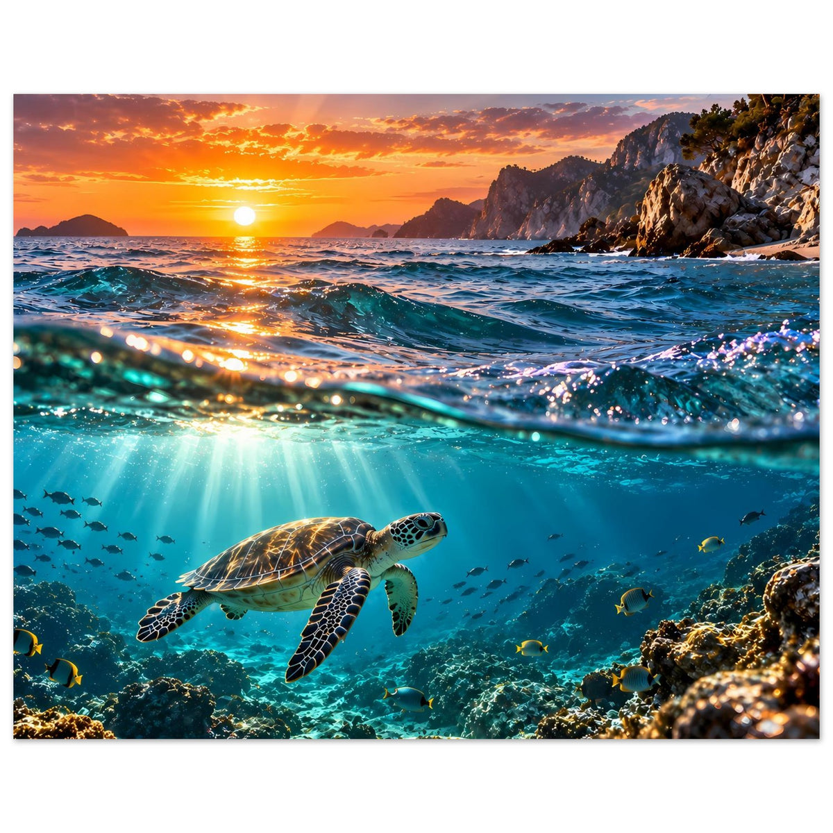Wandposter mit Meeresschildkröte im Vordergrund, Sonnenstrahlen unter der Wasseroberfläche