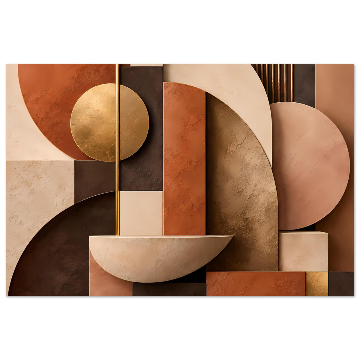Kunstposter mit geometrischen Rechtecken und Halbkreisen in Terrakotta, Beige und Gold