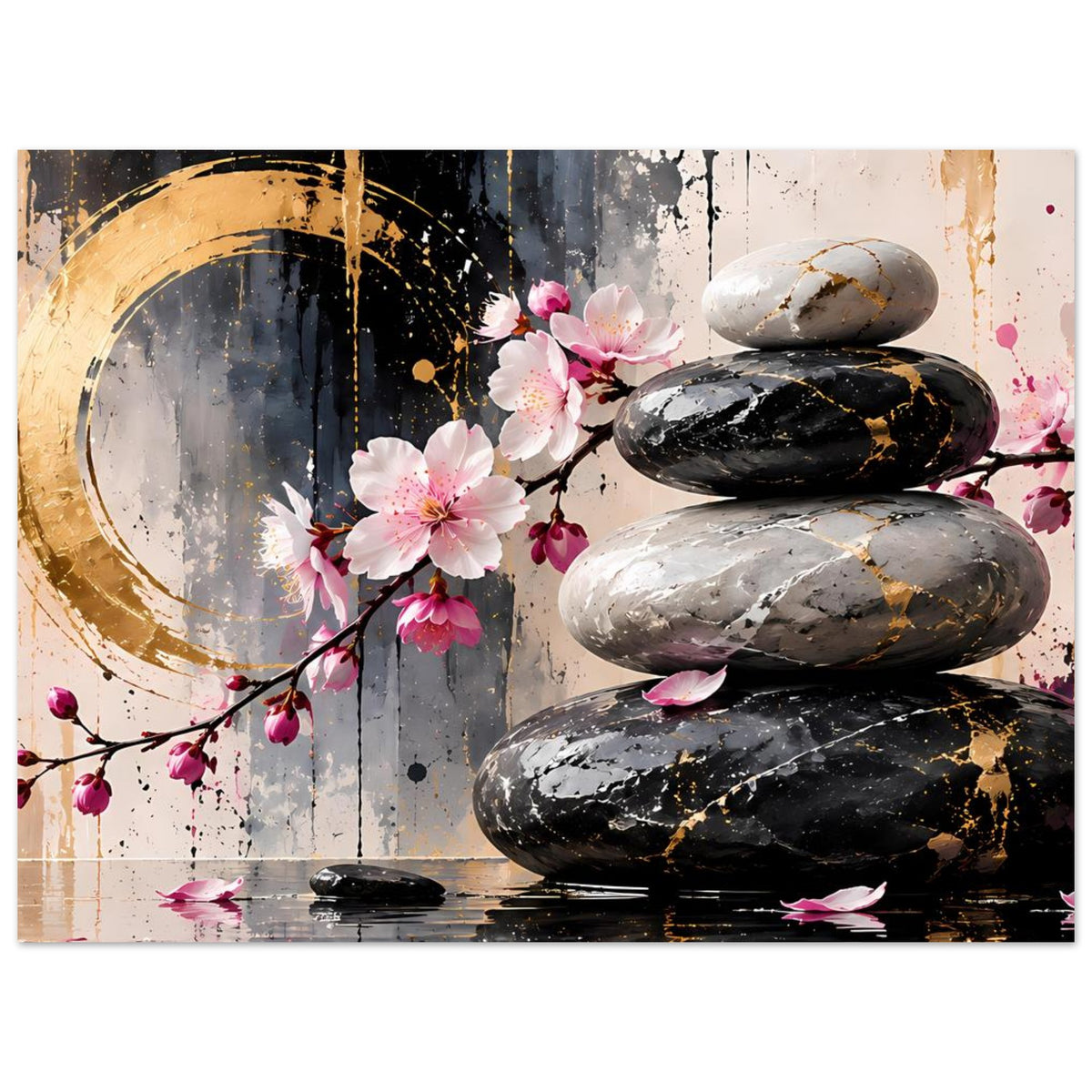 Zen-Poster mit Kirschblüten, goldener Kreisform, goldenen Punkten und Massage-Steinen