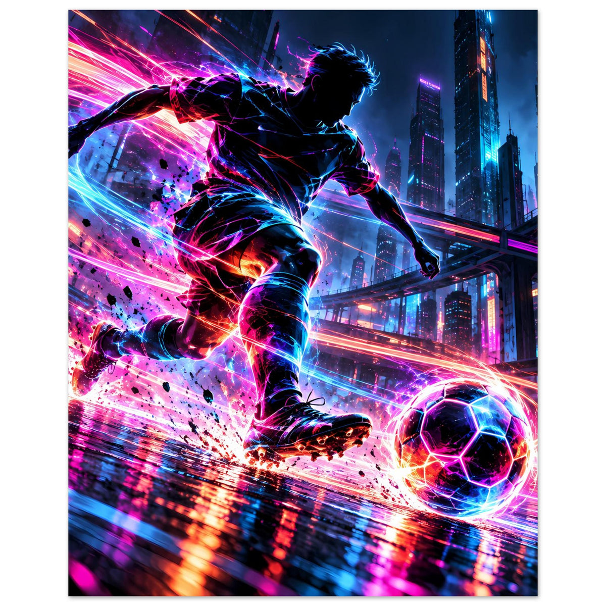 Neon-Soccer-Actionposter mit Fußballer und buntem Ball, umrandet von leuchtenden Lichtbahnen