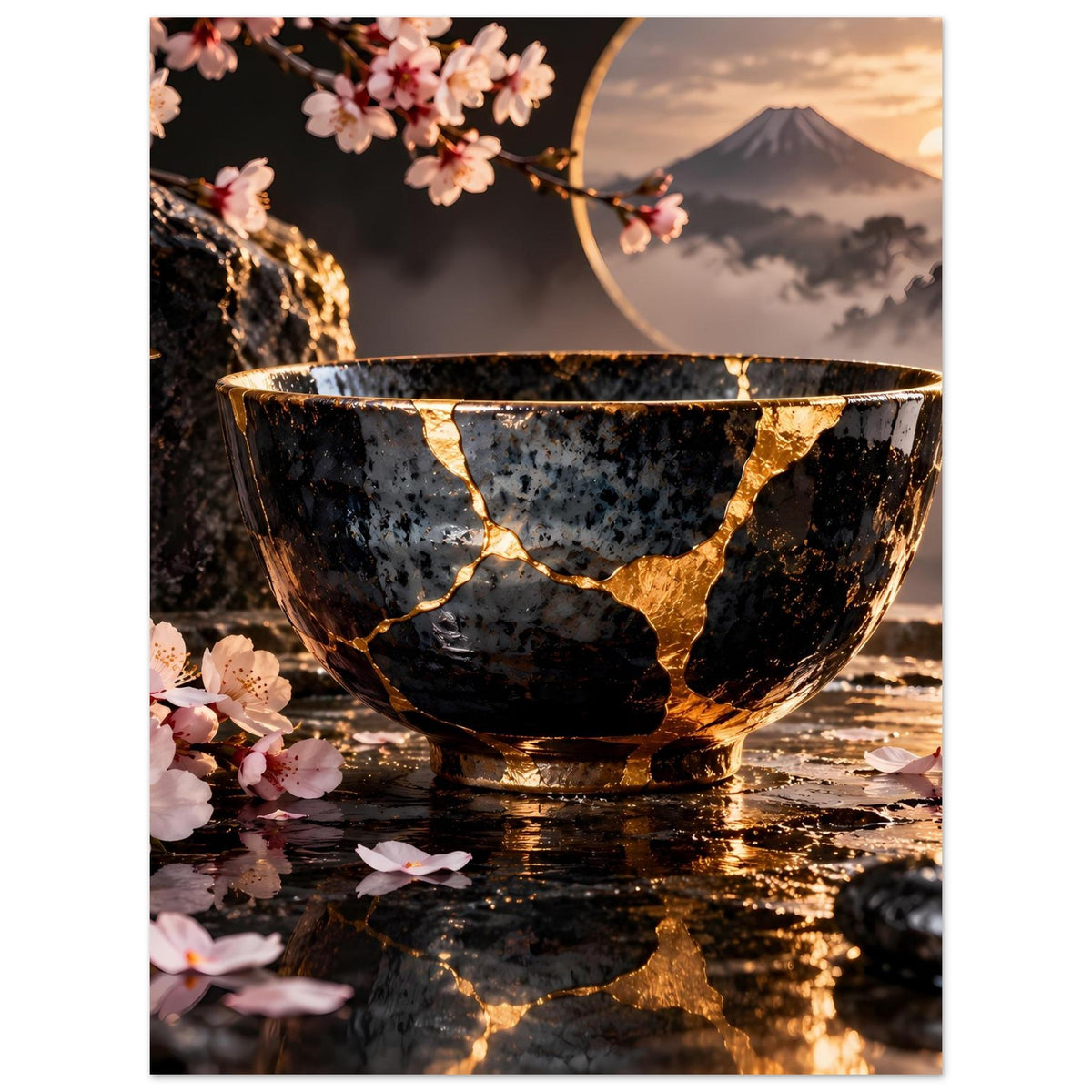 Kintsugi-Elegance-Poster: goldener Kintsugi-Riss auf schwarzer Schale mit Kirschblüten