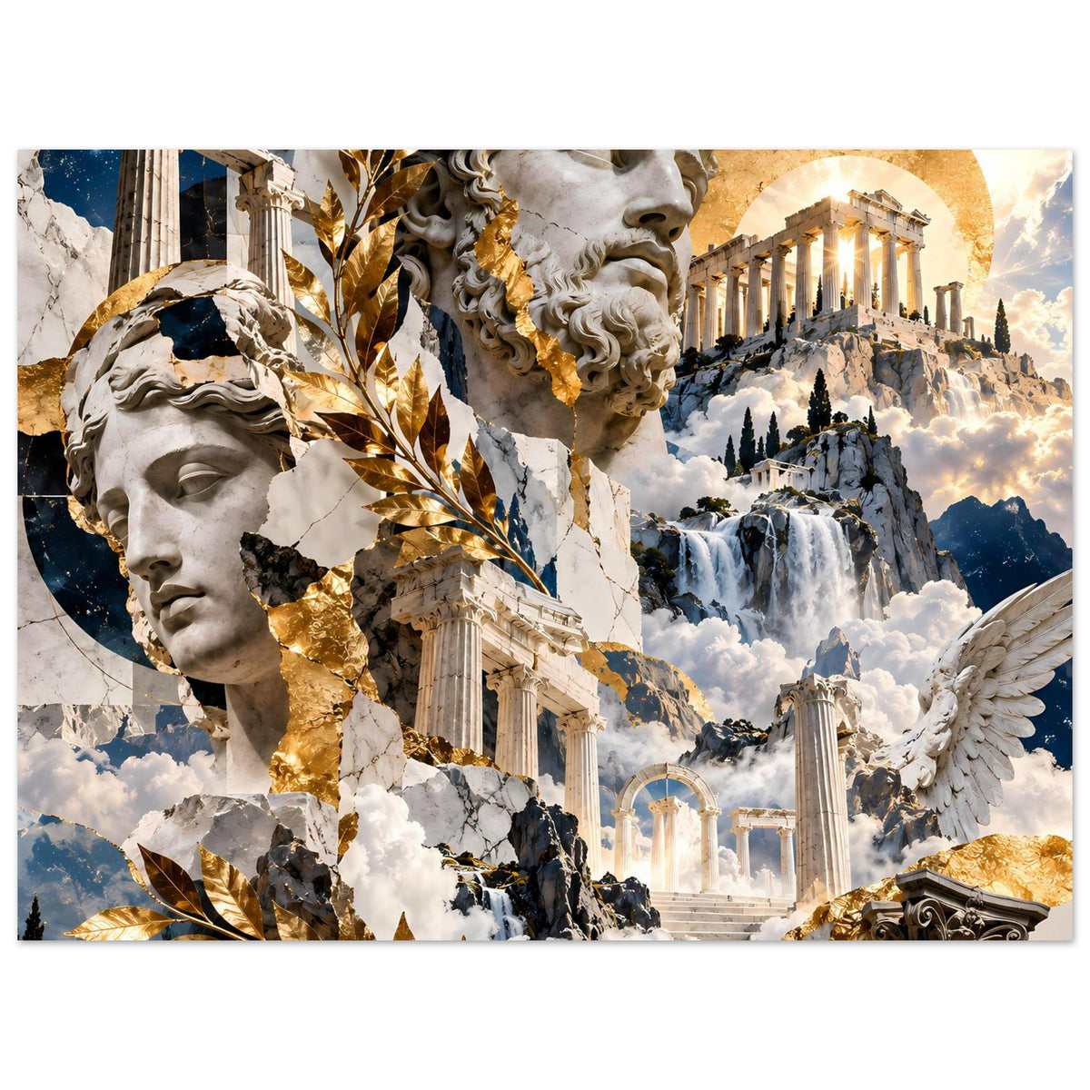Mythologie-Collageposter mit Statuen, Wasserfall im Hintergrund und Tempelsäulen, horizontal