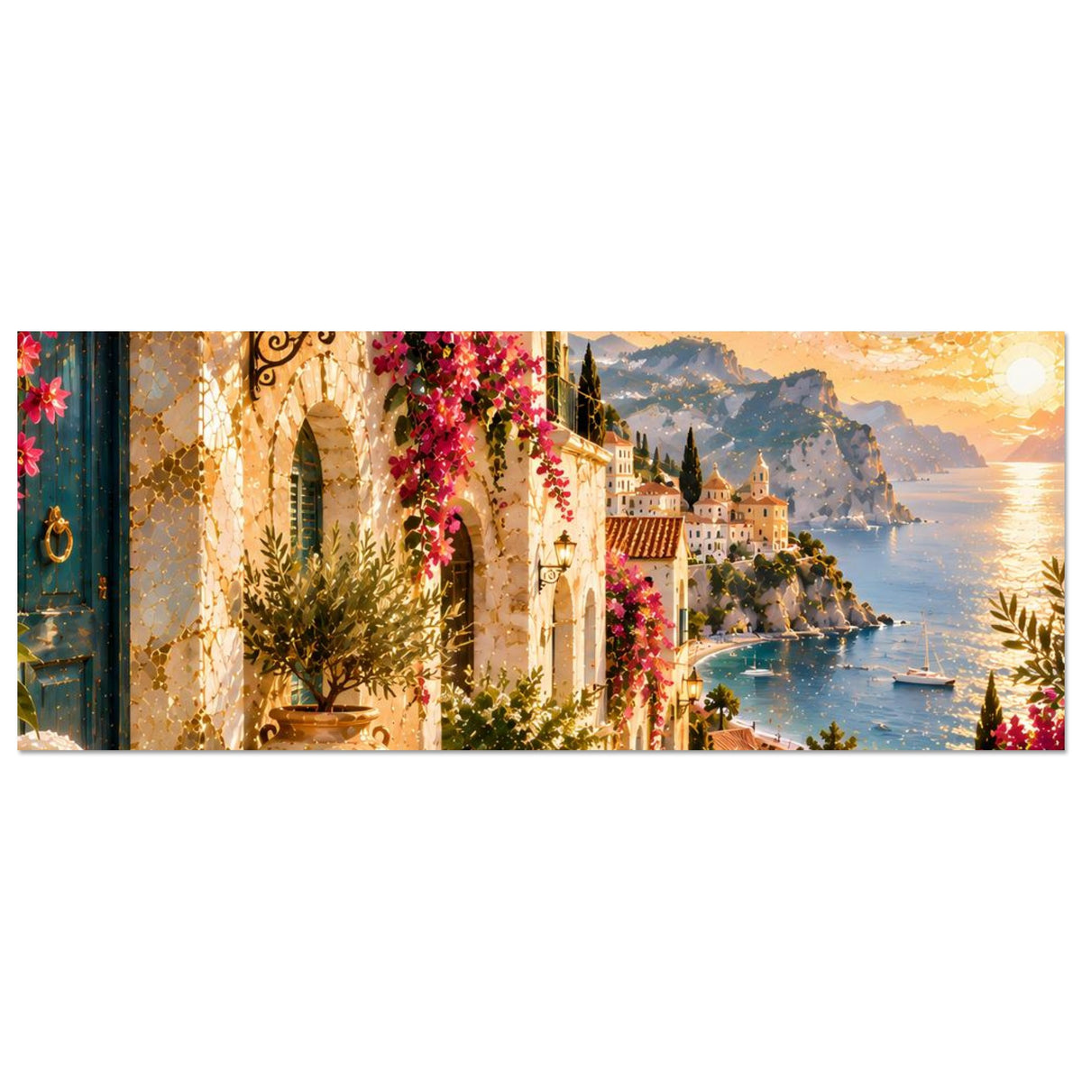 Poster im Querformat: mediterrane Häuserwand, Laternen, Blumenranken und Uferblick