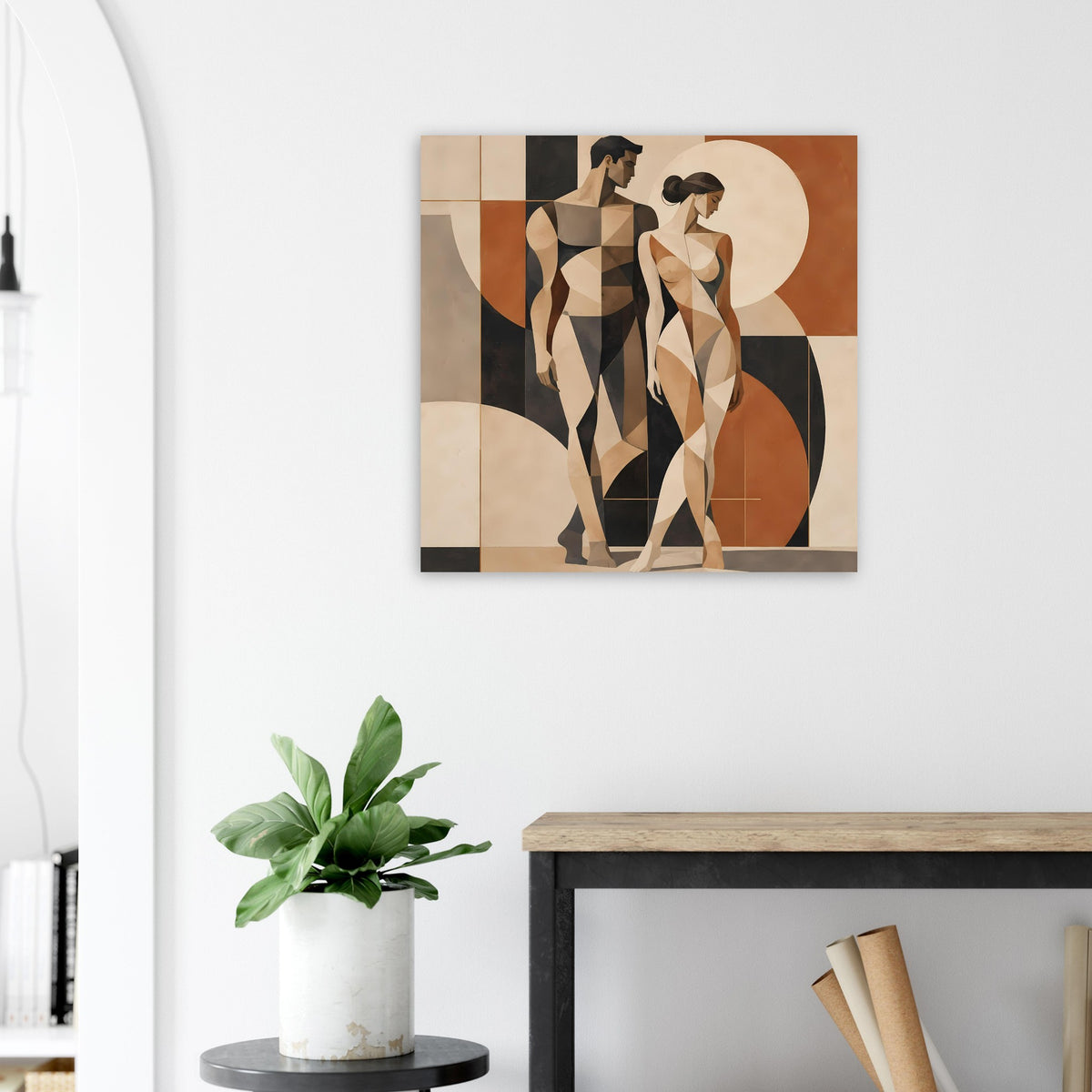 Gerahmter Kunstdruck mit geometrischen Aktfigurenpaar und abstraktem Kreis im Hintergrund