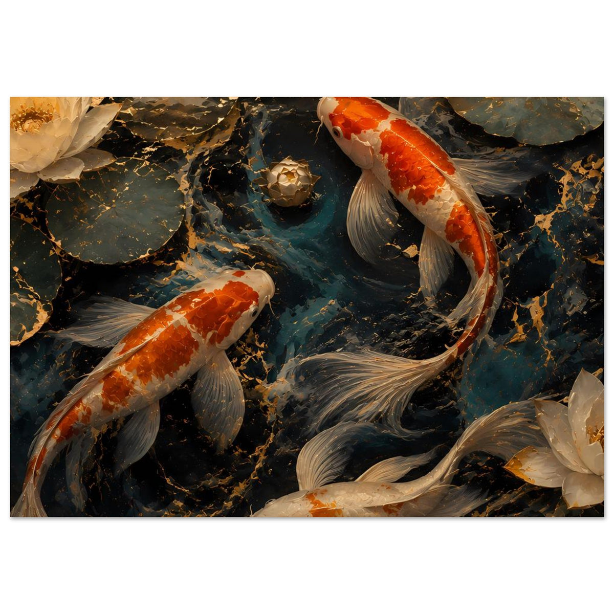 Horizontales Koi-Teich-Kunstposter mit zwei rot-weißen Koi, hellen Flossen und Felsen