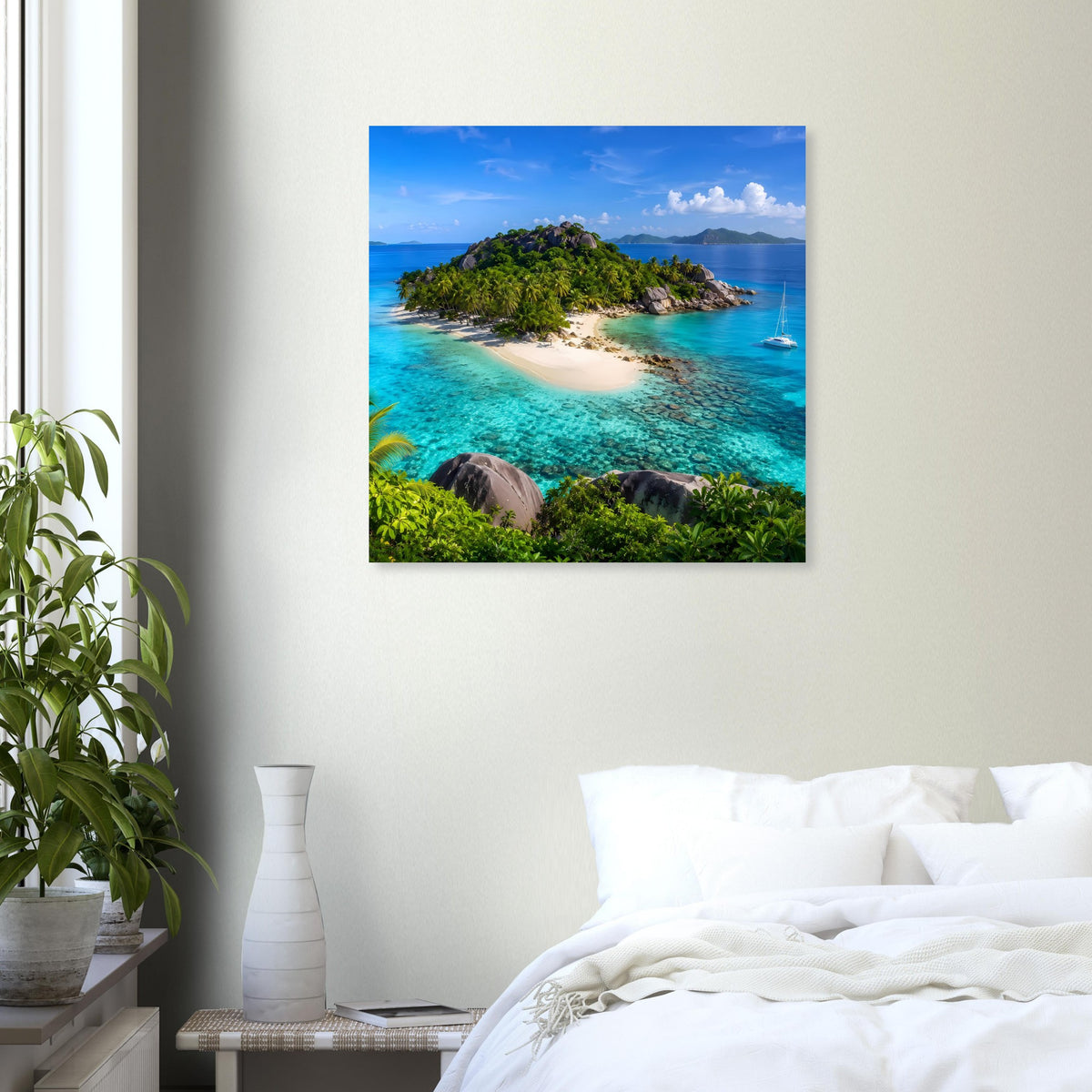 Quadratisches Poster mit Tropeninsel, leuchtend türkisfarbenem Meer und weißem Strand