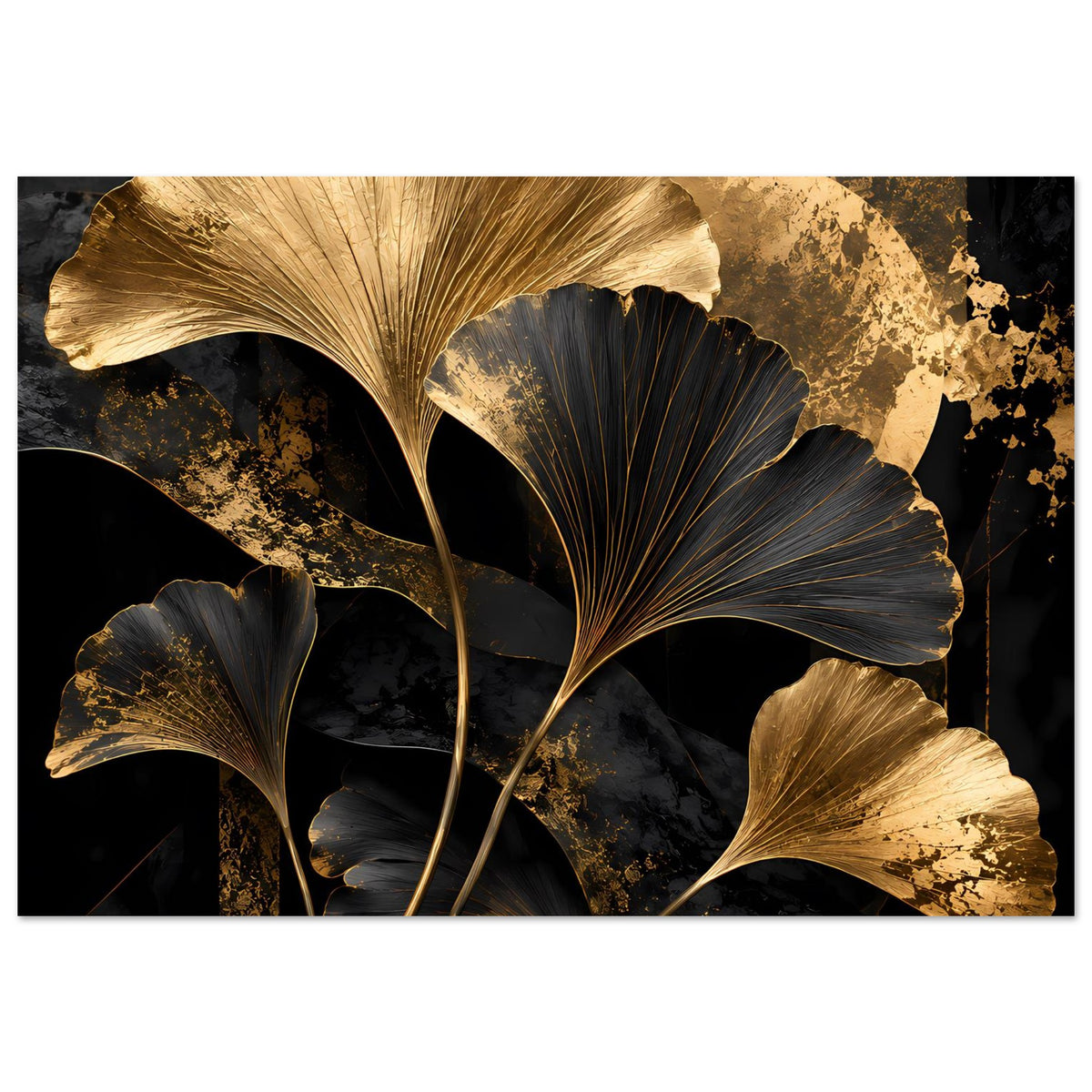 Botanisches Poster im Querformat mit goldenen und schwarzen Ginkgo-Blättern, abstrakter Struktur