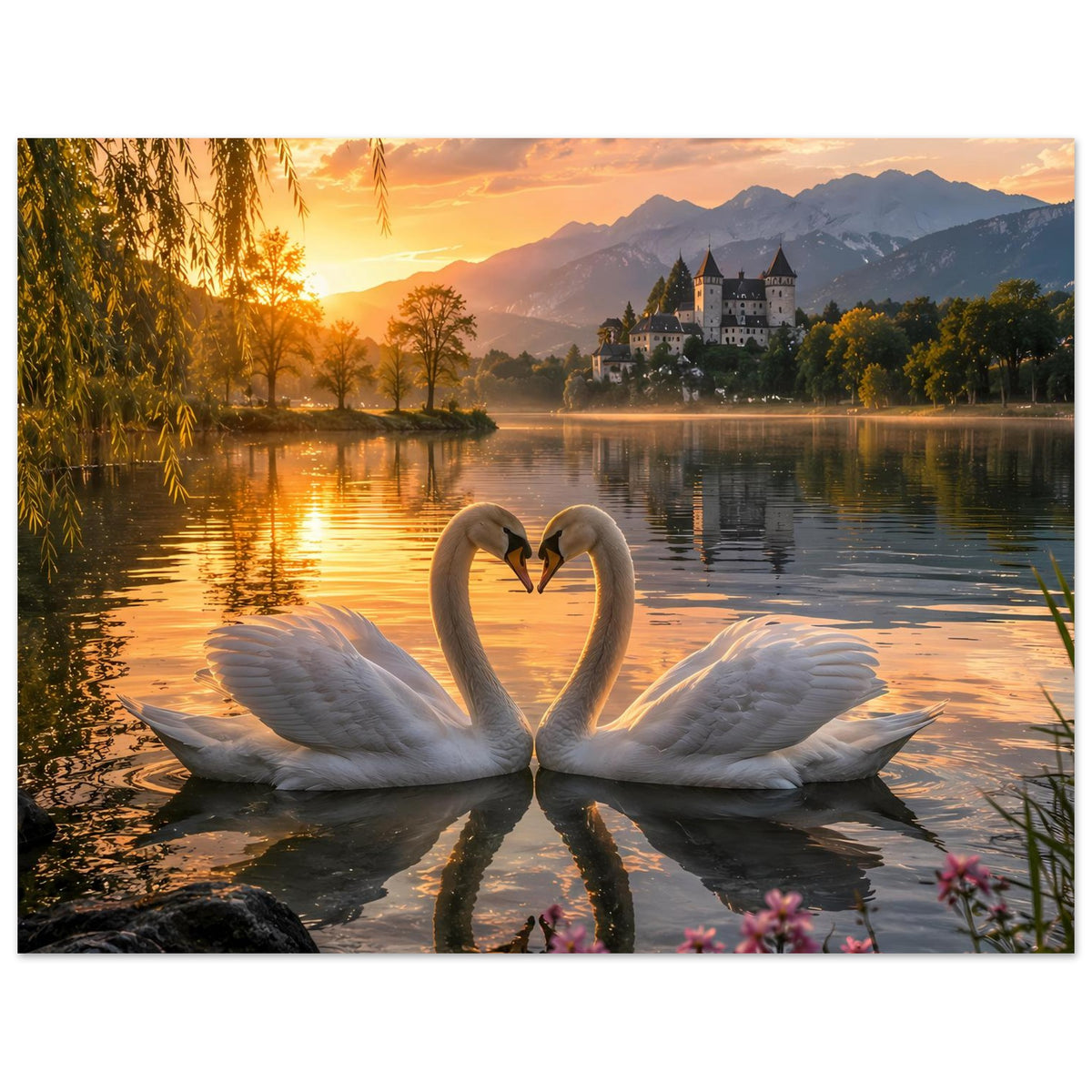 Querformat-Poster: Herzförmige Schwäne vor Schlosskulisse bei Sonnenuntergang