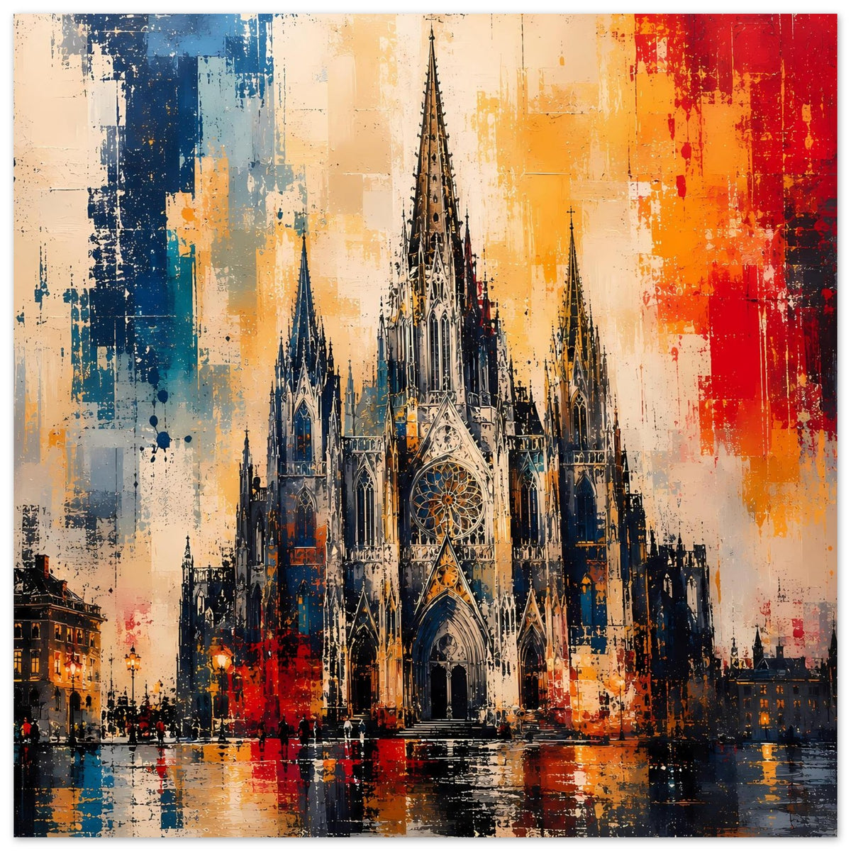 Breites Poster mit gotischer Kathedrale und Türmen, abstrakter Hintergrund in Blau, Creme und Rot
